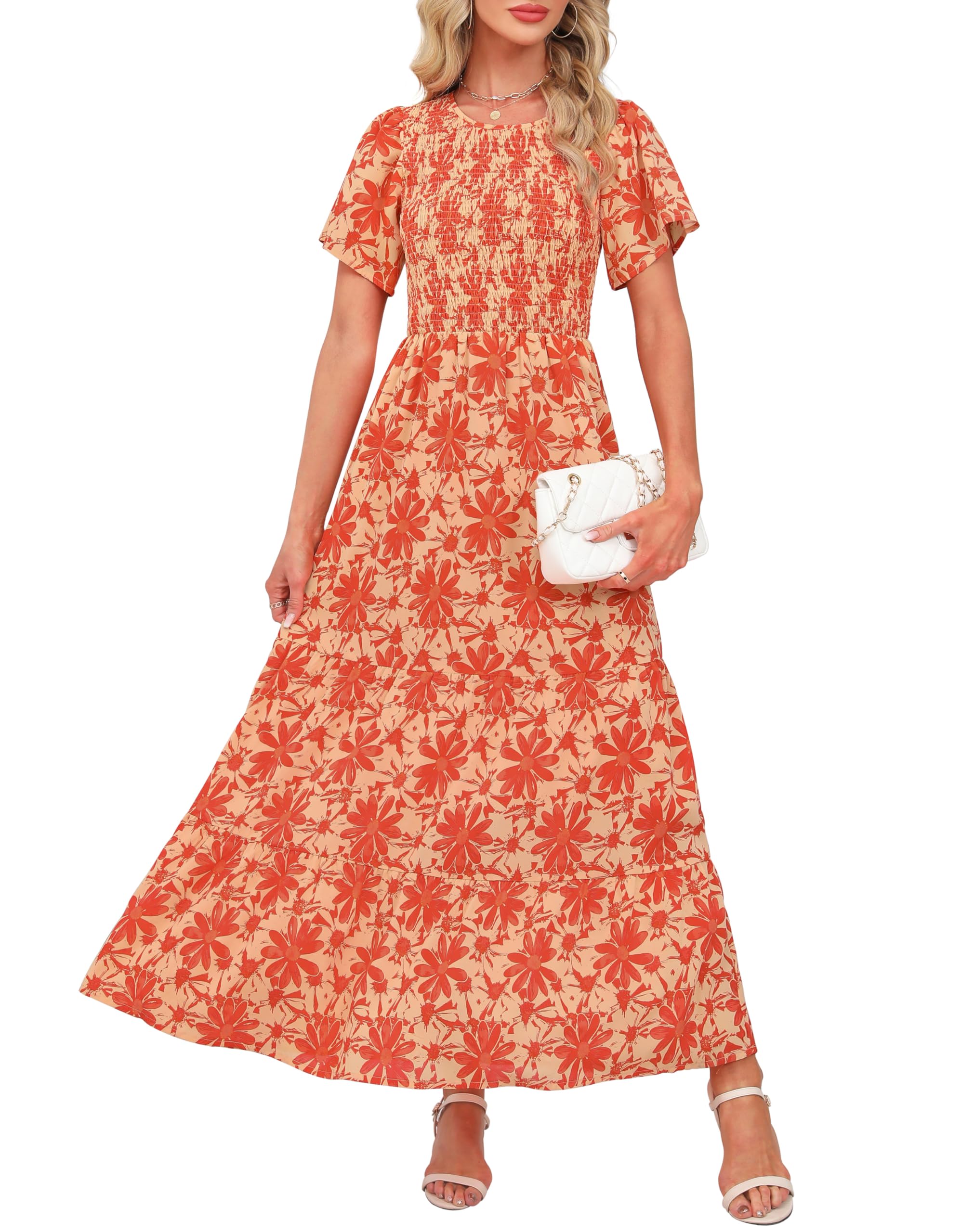 Kranda Women 2025 Summer Fall Crewneck Short Sleeve Smocked Floral Maxi Dress
