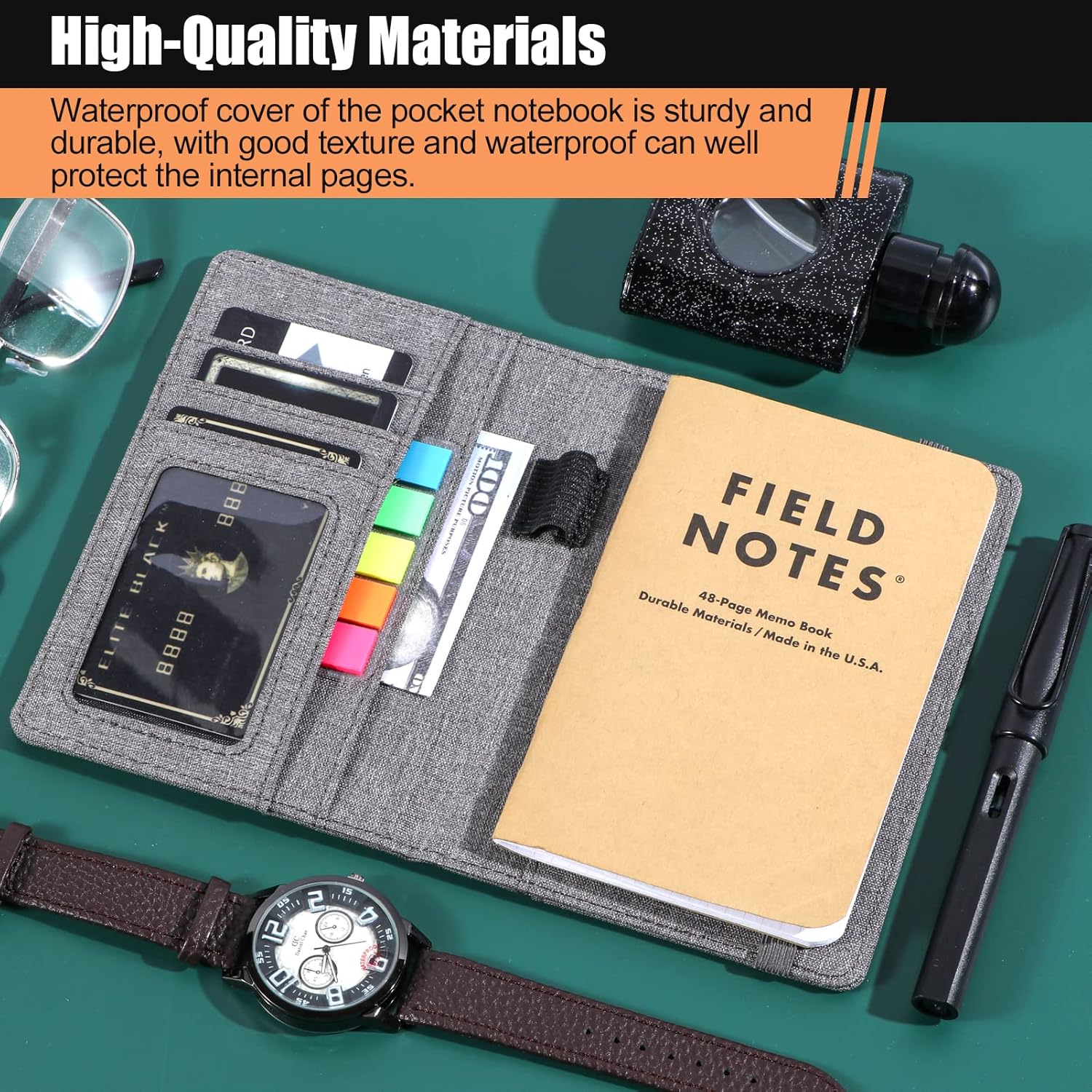 Notebook Cover for Field Notes 3.5"x5.5" - Waterproof Organizer with Pen Loop Holder and Card Slots, Travel Journal Accessories, Fits 3.5x5.5 Inch Pocket Notebooks (Gray)