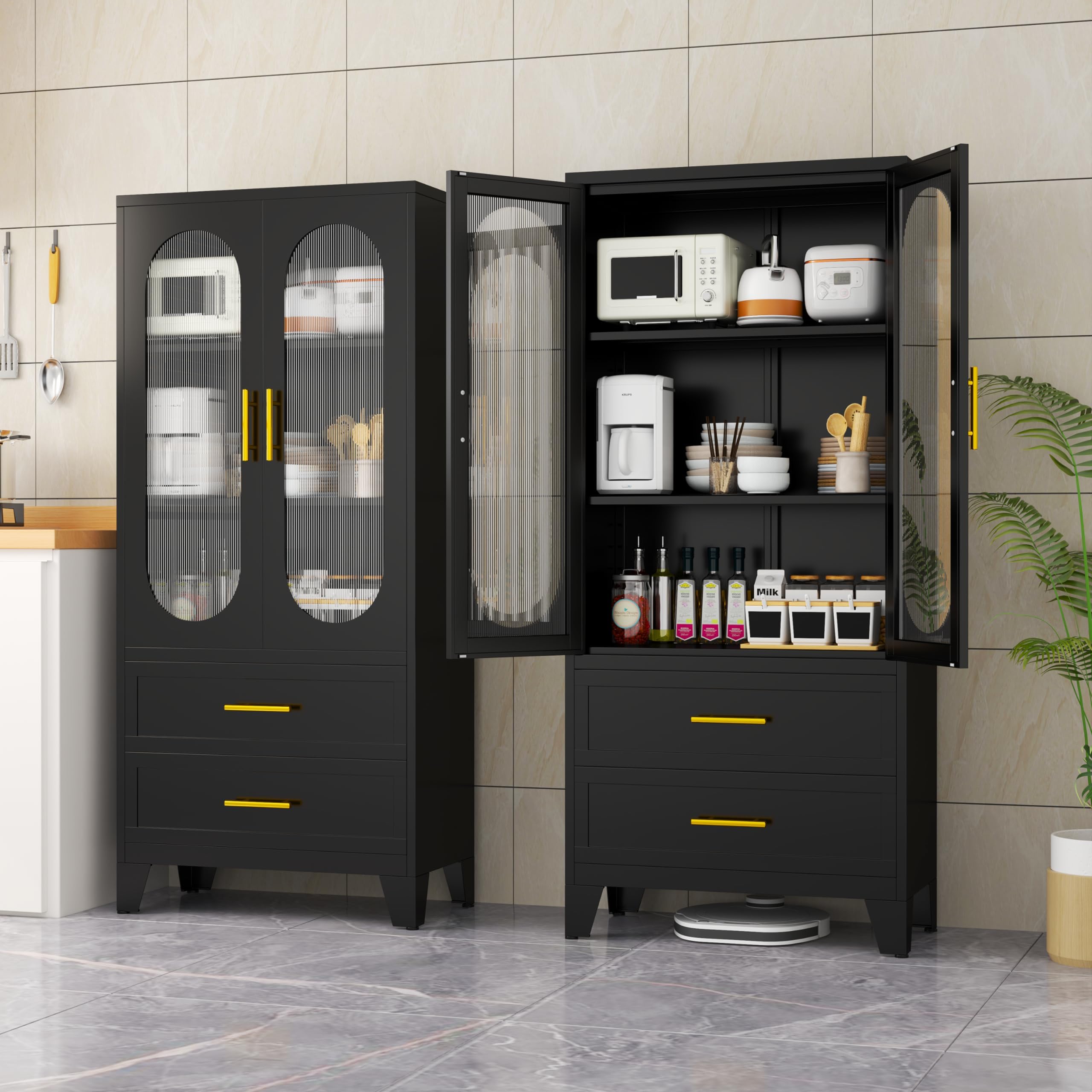 erosoei 61.02”H Metal Pantry Storage Cabinet with Drawer,Pantries Cabinets with Acrylic Glass Doors and Adjustable Shelves,Cupboard for Kitchen, Laundry Room,Living Room,Bathroom,Dinning Room