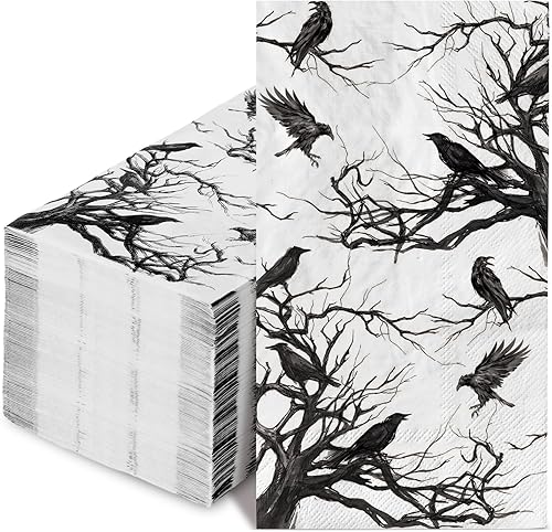 80 servilletas de Halloween para invitados – Servilletas desechables de papel de cuervos de árbol – Servilletas de mano de cena para suministros de