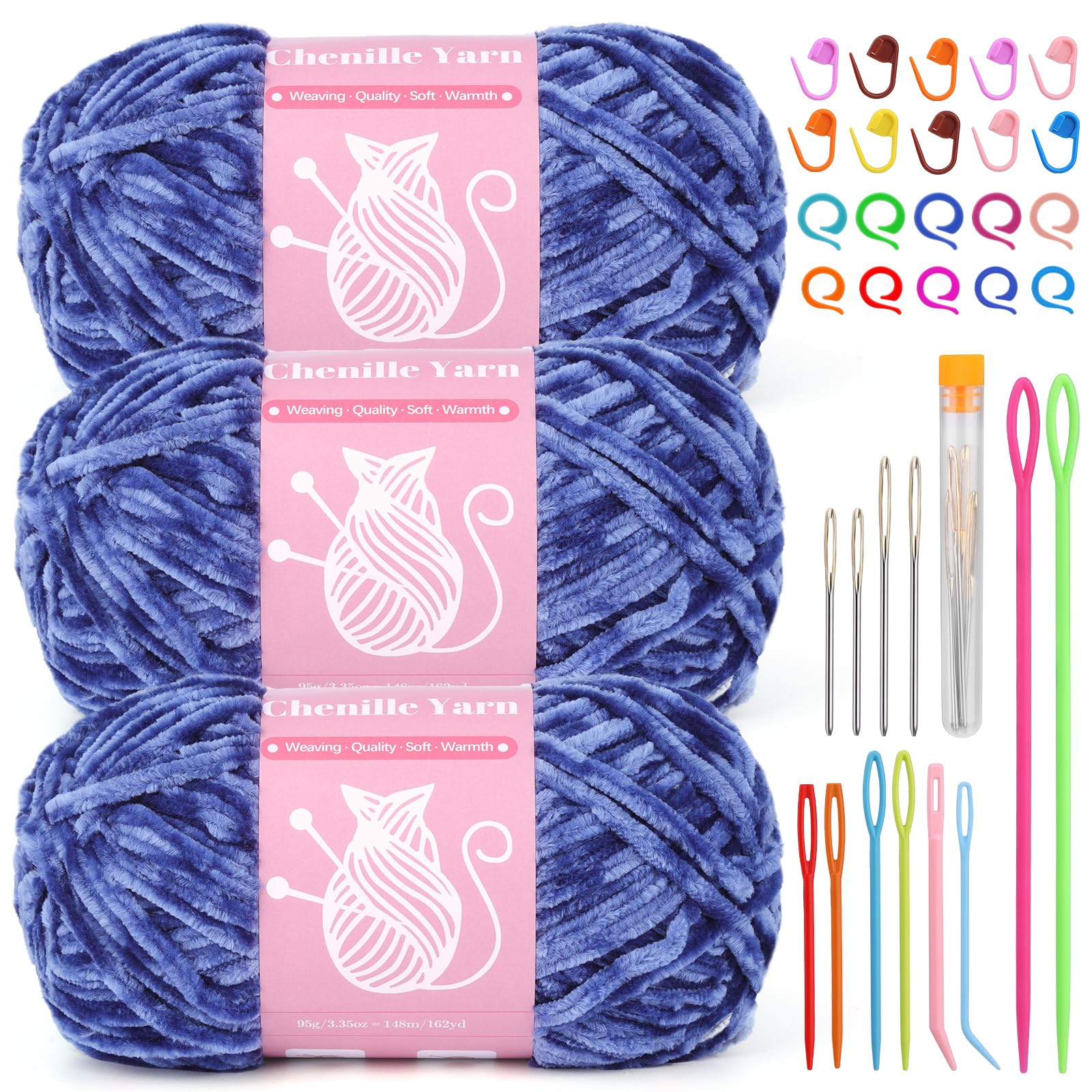 LUNARM Chenille Yarn for Crochet Knitting Chunky Blanket Velvet Yarn | 3 Pack 3.5oz/100g 486 Yard Denim Blue Chenille Yarn for Beginners Knitting Scarves with Big Eye Needles Machine Washable