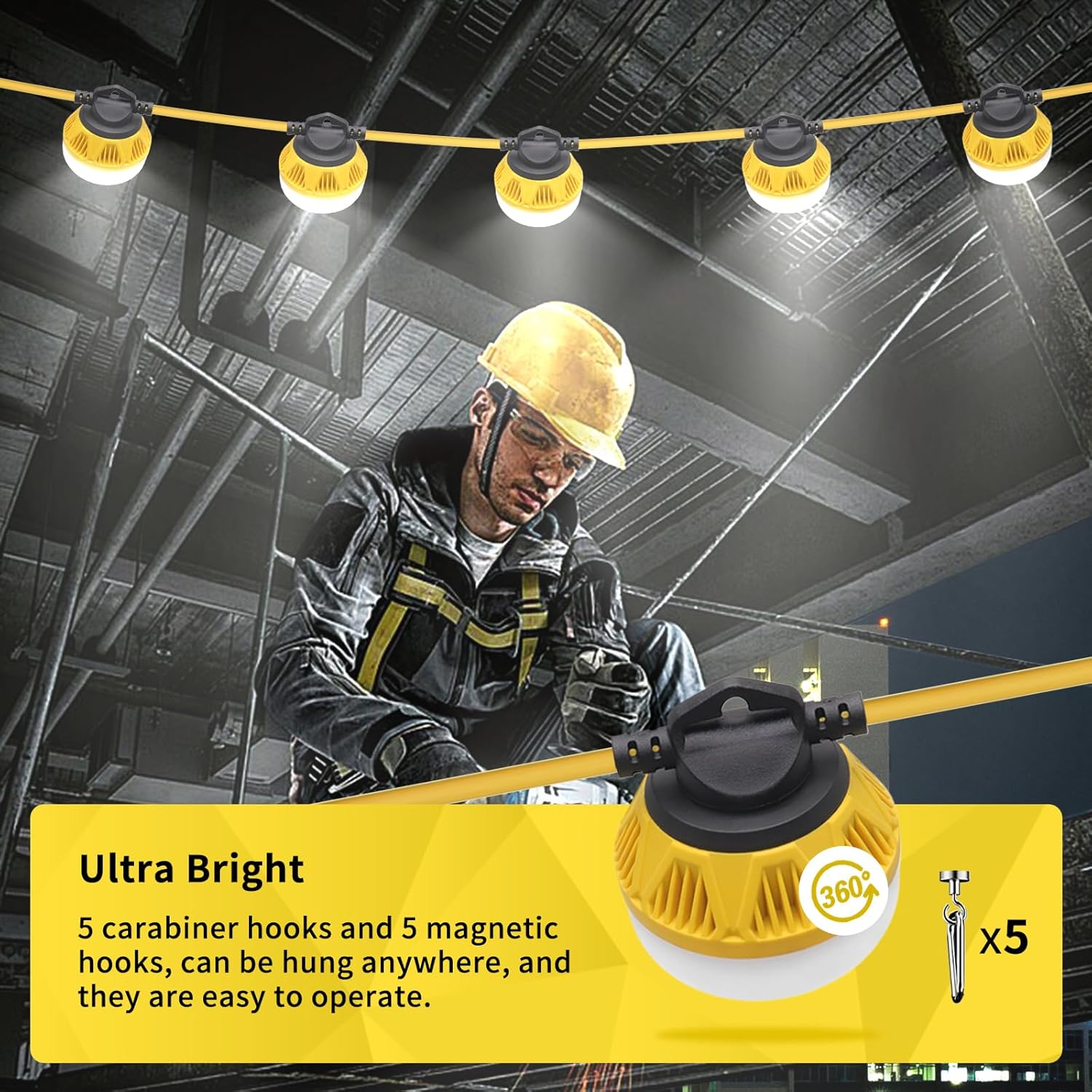 StarWorld 50FT Construction String Lights — 50W (6500LM) 5000K Linkable Jobsite & Hanging Work Lights, Temporary String Work Lights for Garage, Basement, Shipping Container, Attic, Crawl Space