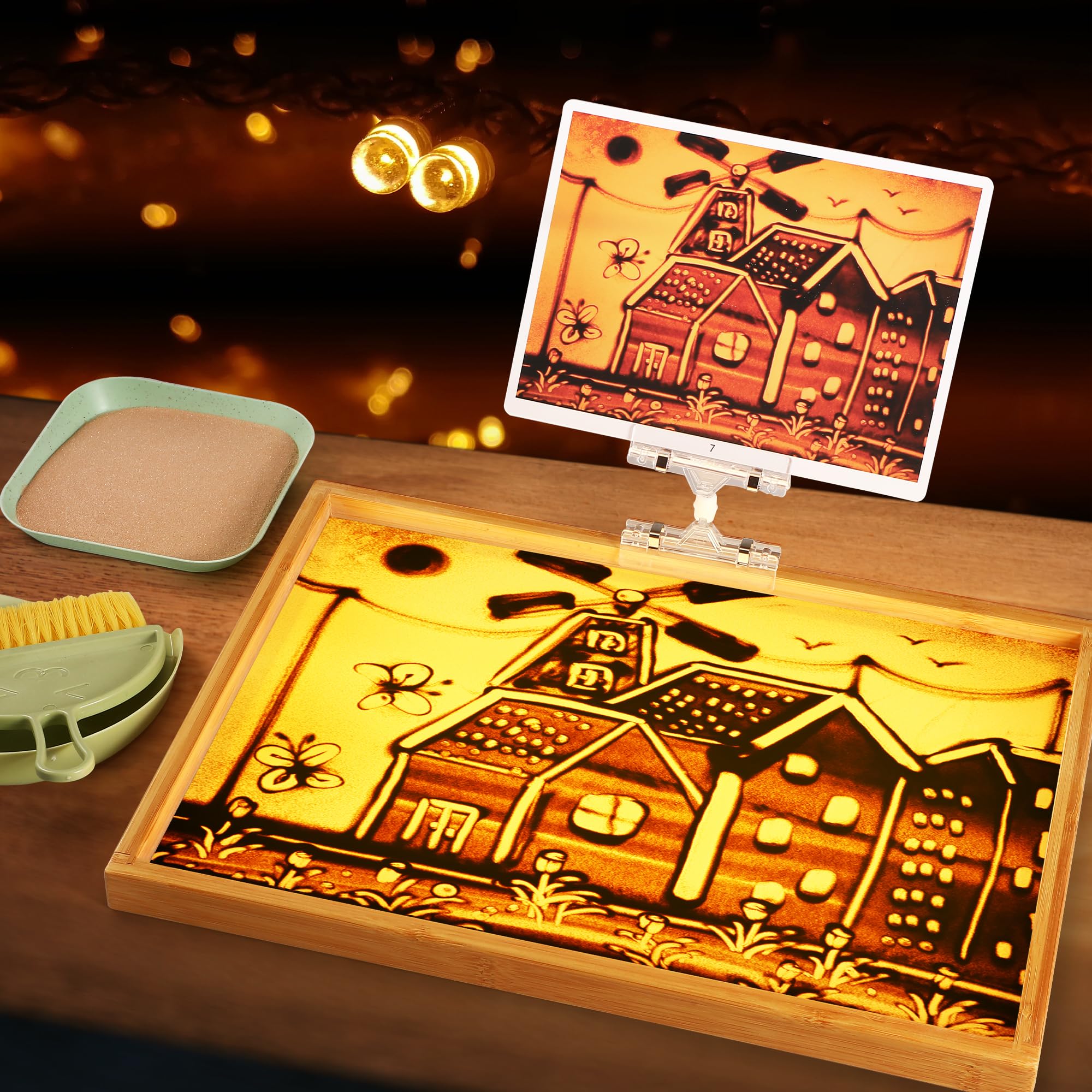 AtMini Sand Painting Light Box Mesa de luz para niños Mesa de arte de arena de madera con 10 tarjetas Juguete sensorial de arena (11×16×1 in)