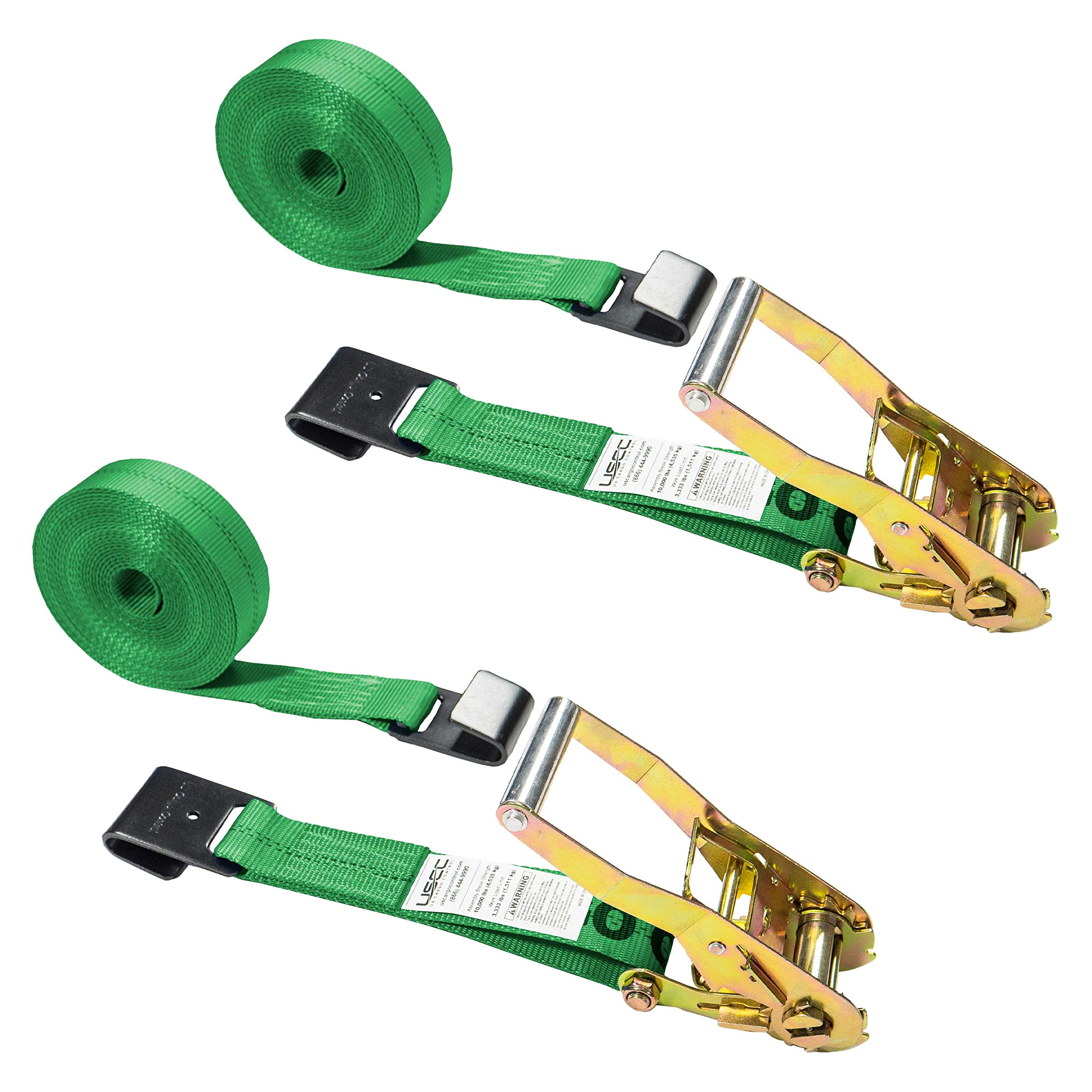 US Cargo Control Flat Hook Ratchet Strap, 2 Inch Wide X 27 Foot Long, Green Weather Resistant Webbing, 3,333 Pound Working Load Limit, 2 Pack