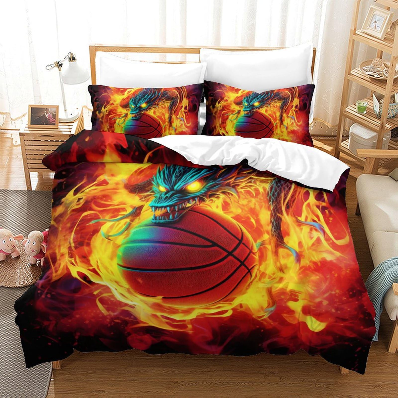 Housse de couette basketball 3D parure de lit 3pcs microfibre 220x240cm avec taie d'oreiller king