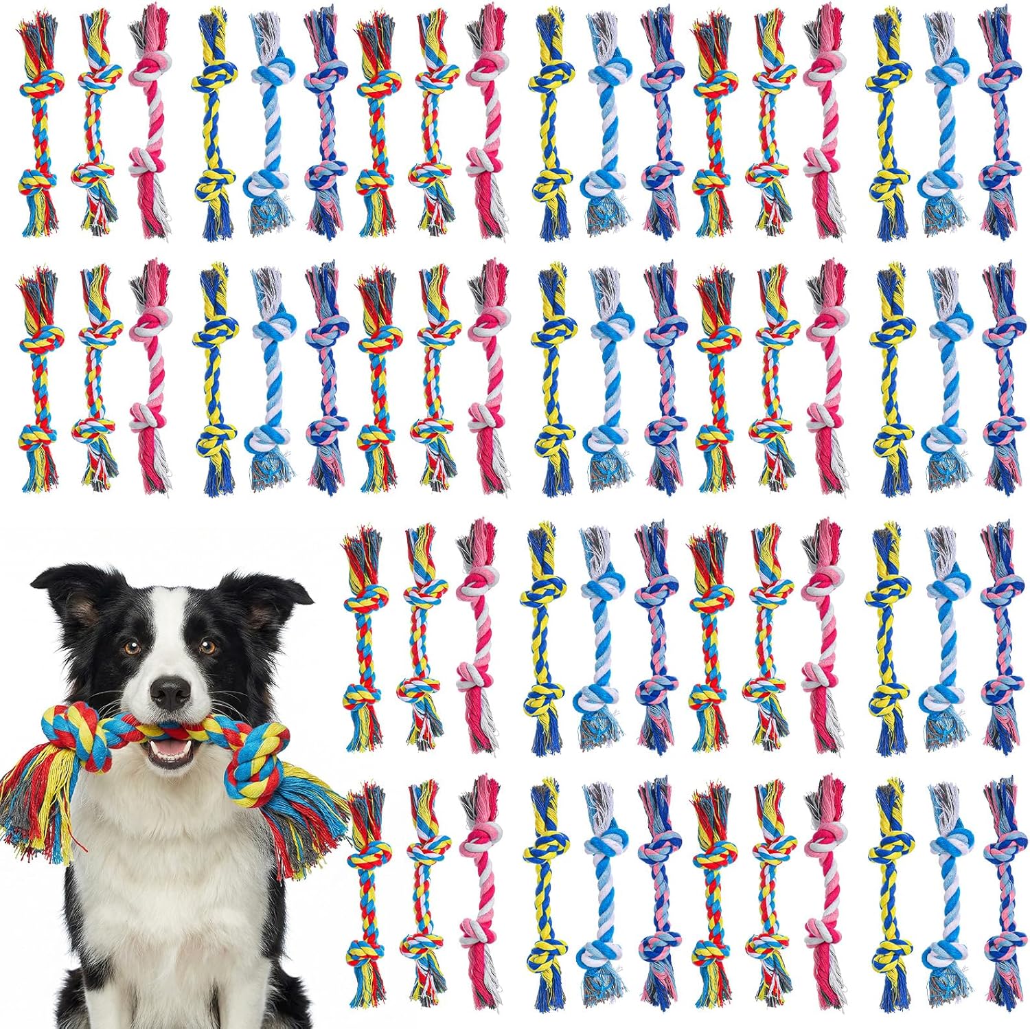 60 Pcs Dog Toys Bulk Chew Ropes Dental Cotton Teething 2 Knot Tug of War Toy for Small and Medium Dogs Puppies