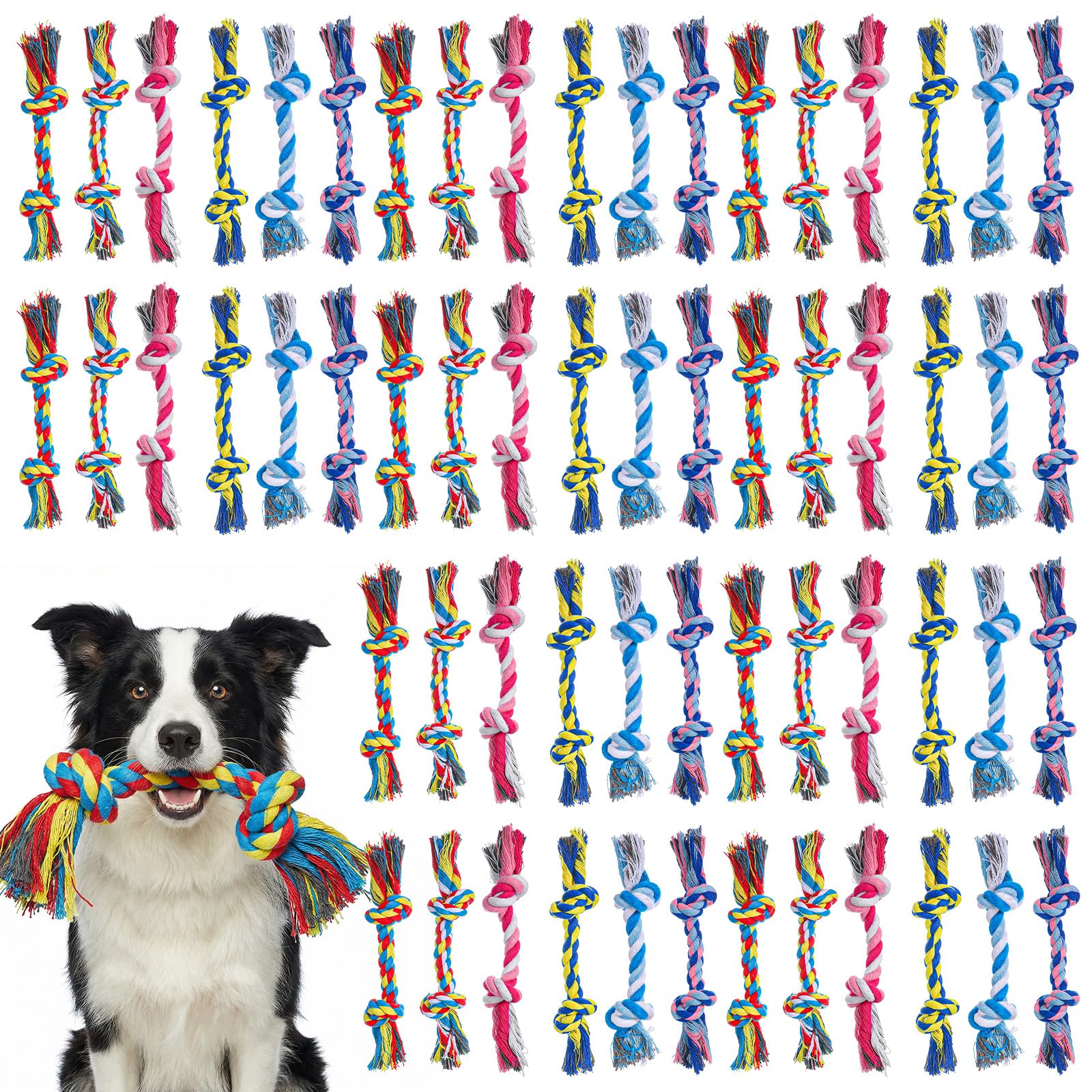60 piezas de juguetes para perros, cuerdas masticables a granel, dentición de algodón, juguete de 2 nudos para perros pequeños y medianos y cachorros