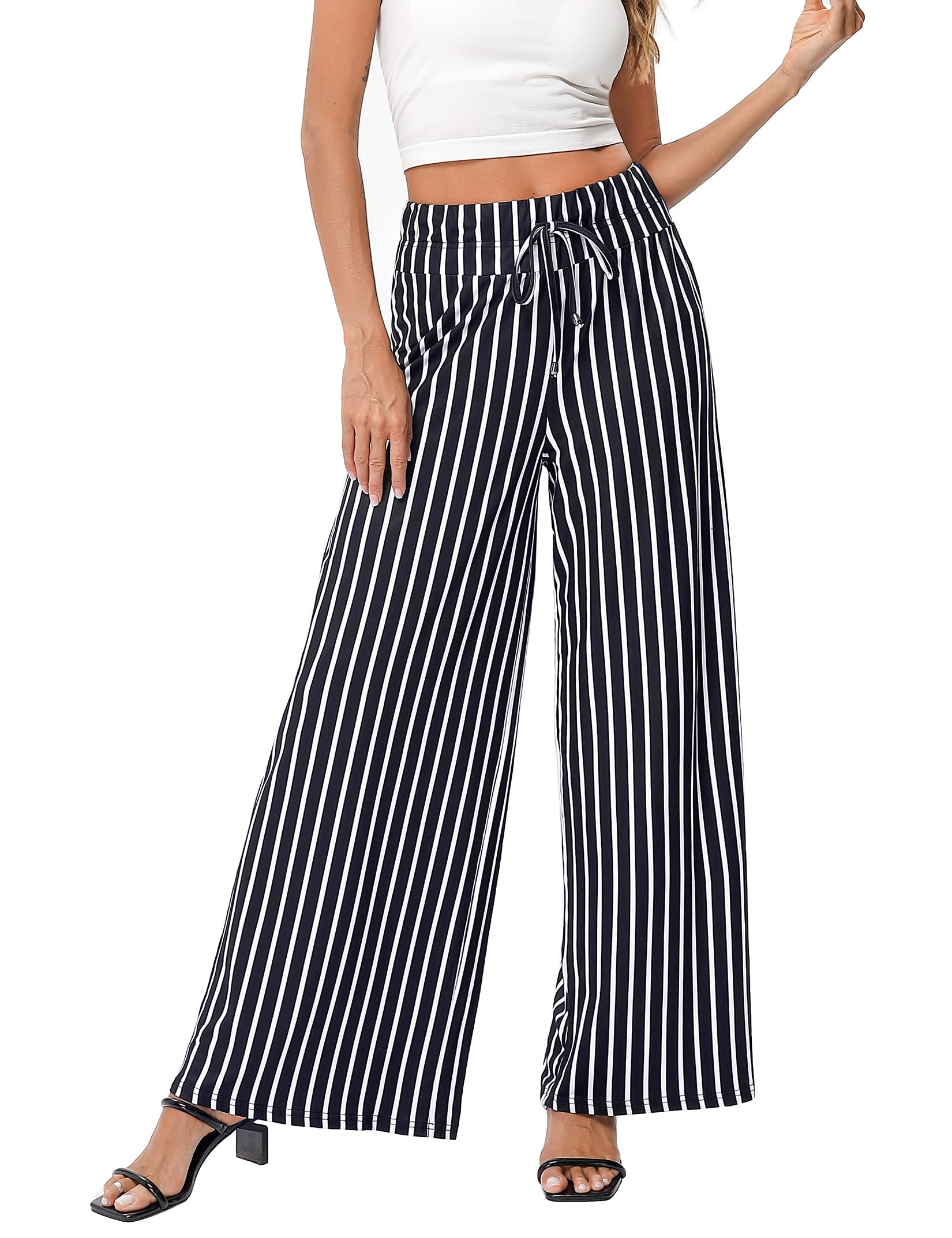 KOJOOIN Womens Wide Leg Pants Casual Palazzo Summer Flowy Pants Elastic High Waist Lounge Drawstring Long Trousers for