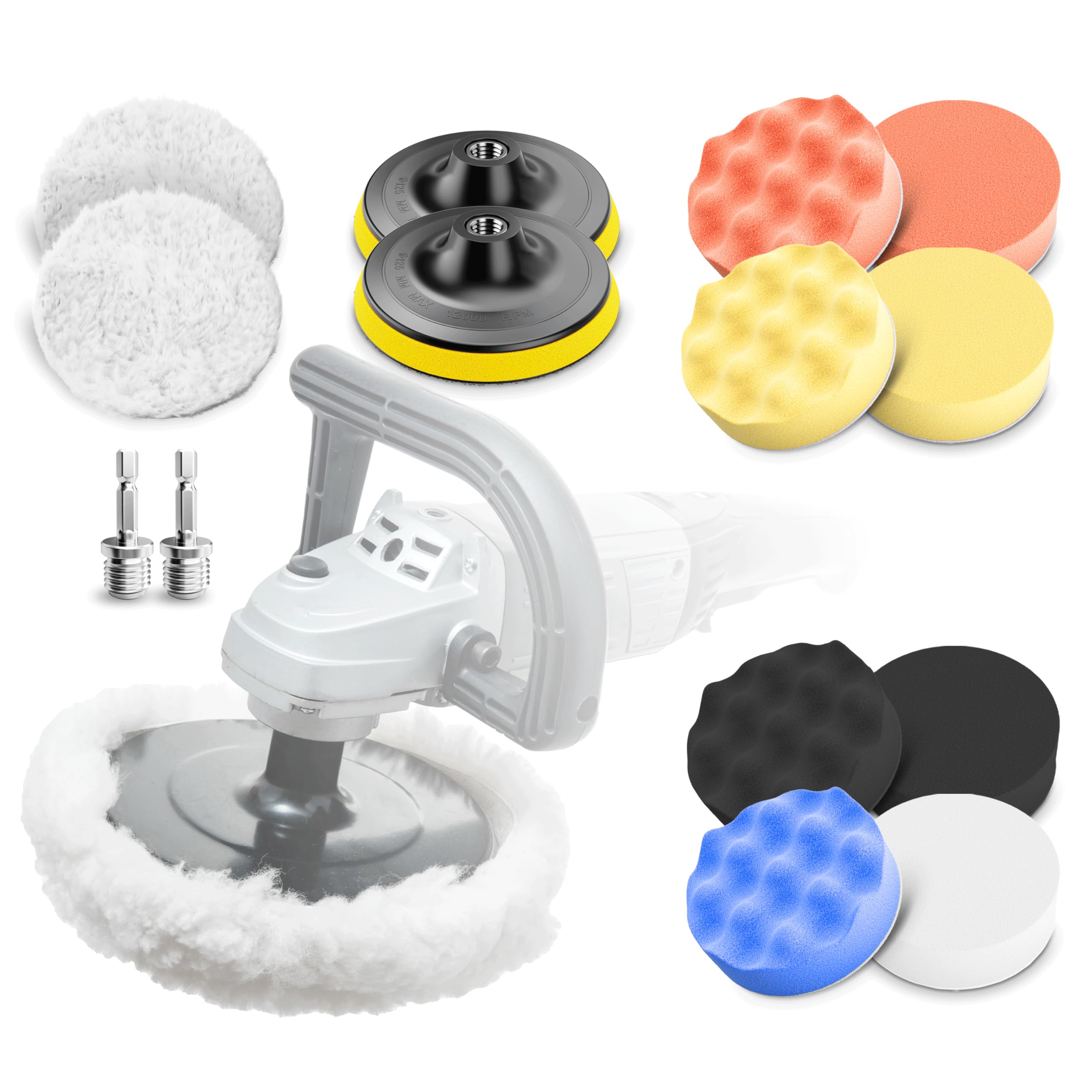 Novuj- Polieraufsatz für Exzenter, Flex und Akkuschrauber -Polierschwamm 125mm Klett inkl. zwei rostfreier Sechskantschrauben -hochwertiges 14er Auto Politur Set