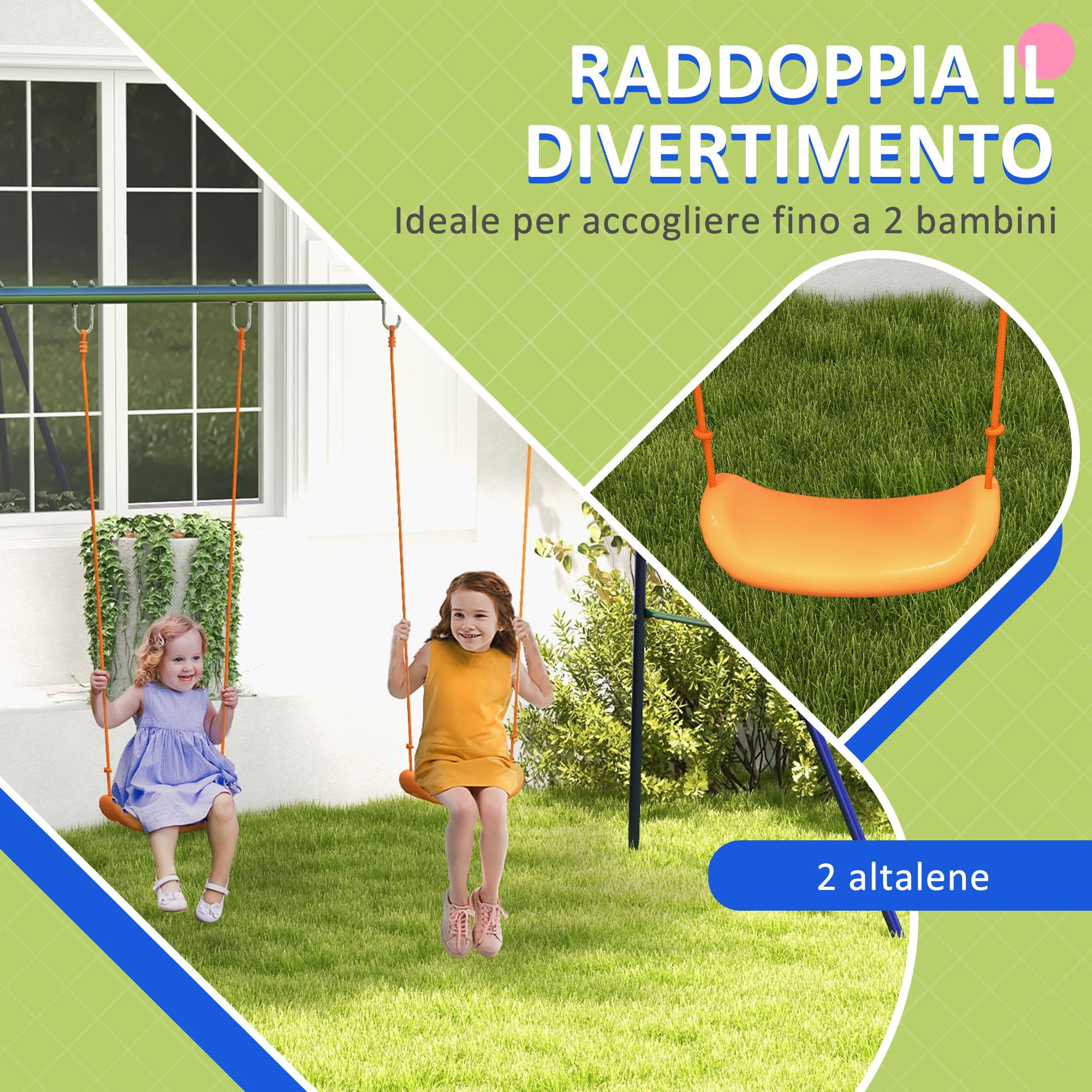 Outsunny Altalena per Bambini 3-8 Anni con 2 Seggiolini e 4 Picchetti, Altalena Doppia da Giardino in Metallo, 269x160x180 cm, Multicolore