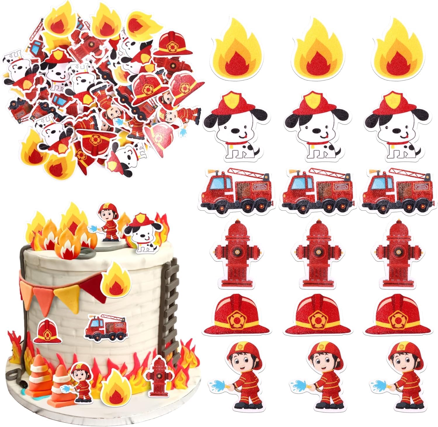 60 Pack Edible Fire Truck Cupcake Toppers Fireman Cupcake Picks Edible Fire Department Cake Decorations for Fire Truck Engine Rescue Theme Baby Shower Birthday Party Cake Food Decorations Supplies