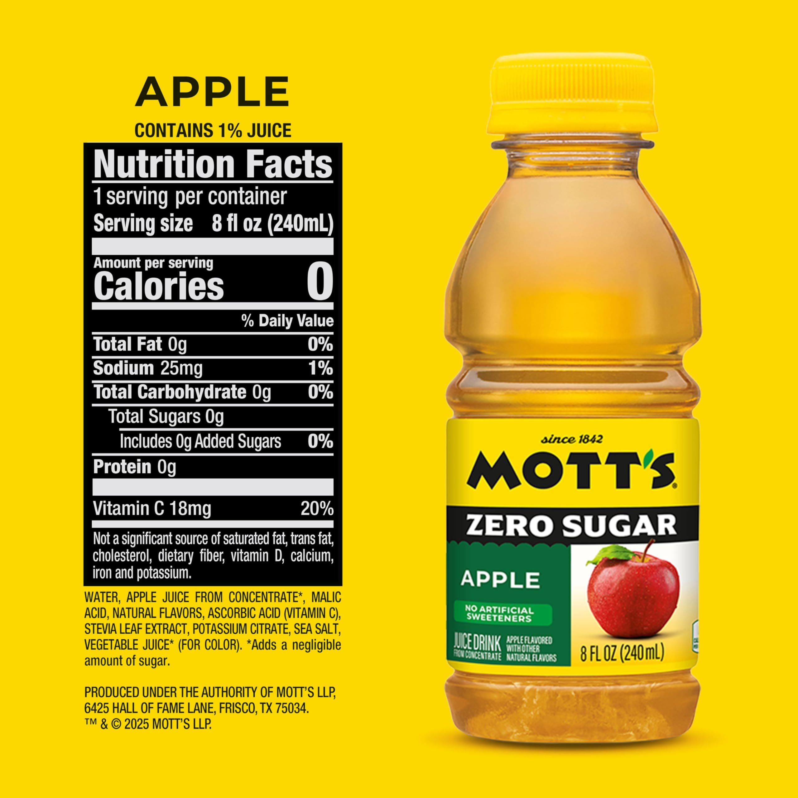 Mott's Zero Sugar Apple Juice Drink, 8 fl oz bottles, 24 Count (4 Packs of 6), Apple Flavor, Excellent Source of Vitamin C