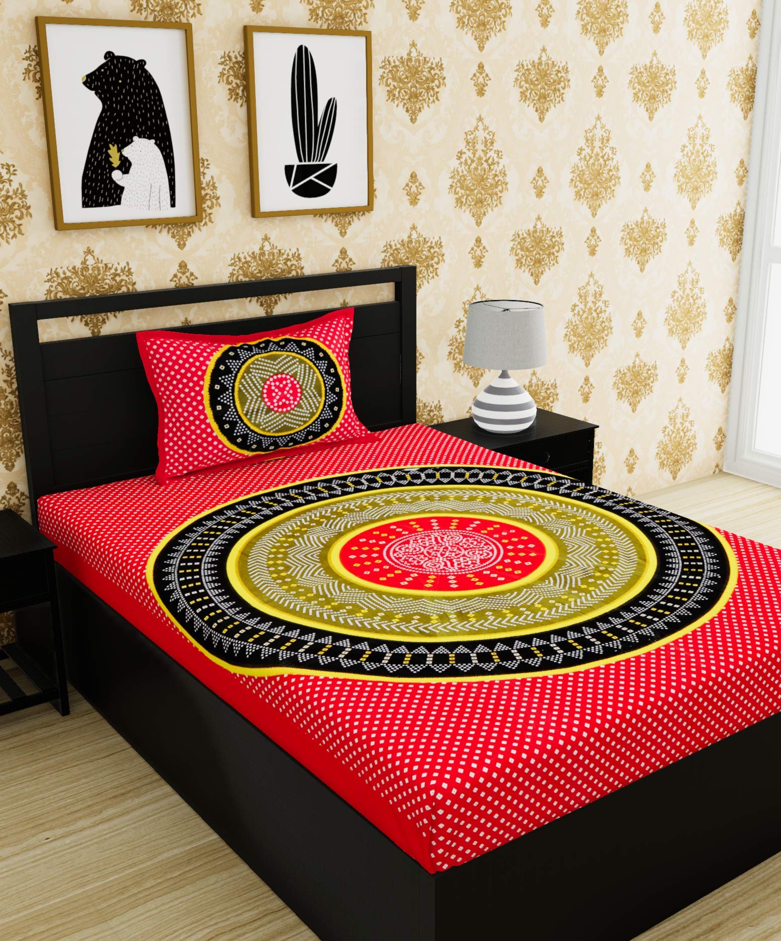 Urban Magic 104 TC 100% Cotton Jaipuri Printed Single Size Home Décor and Bedding Bedsheet with 1 Pillow Cover (NavyBlue, Pack of 1)