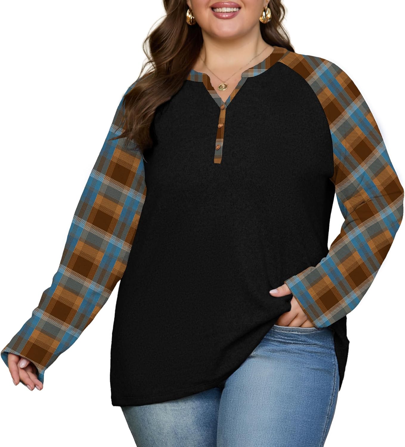 OLRIK Plus Size Tops for Women 2025 Fall Plaid Long Sleeve Henley Shirts Casual V Neck Button Tunic Tops - Image 4