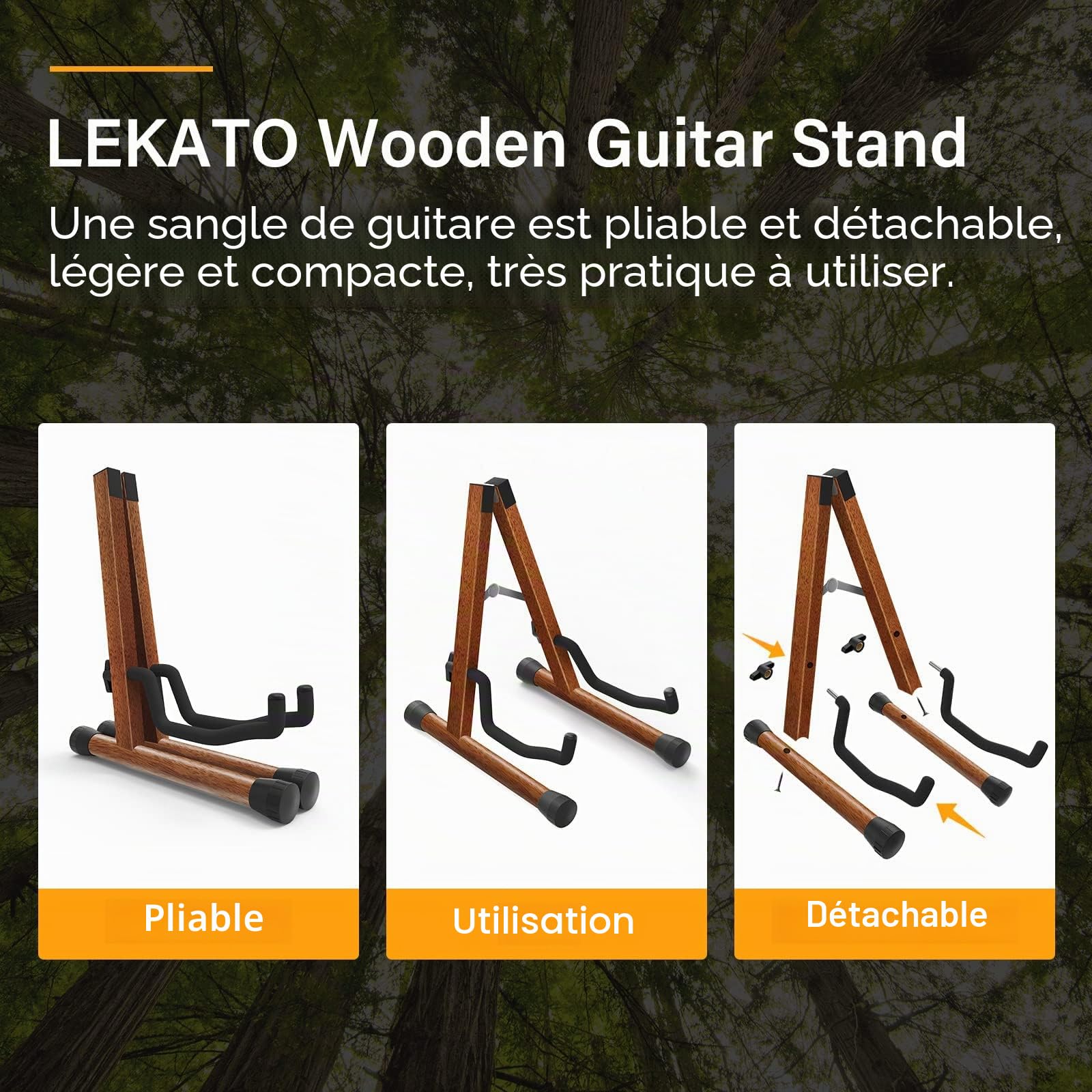 LEKATO Support de guitare A-Frame Support de guitare basse en bois avec rembourrage en mousse pour guitares, basse, violoncelle, banjo, mandoline, ukulélé