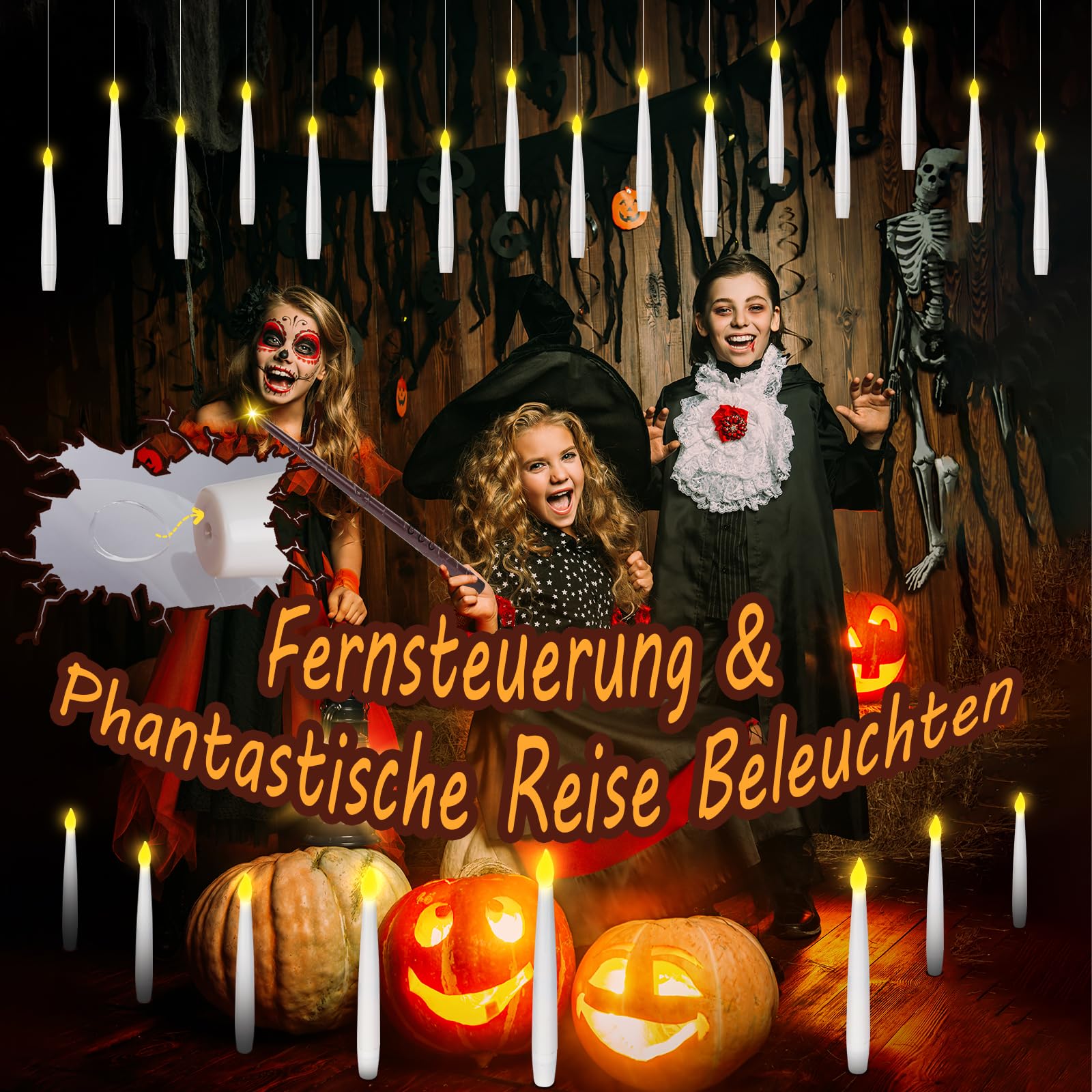 Velas Flotantes con Control Remoto de Varita Mágica, 20 Velas LED Flotantes, Sin llama Vela Cónica Colgante, Parpadeante Vela Mágica, Velas con Pilas Para Halloween,Decoración Navideña