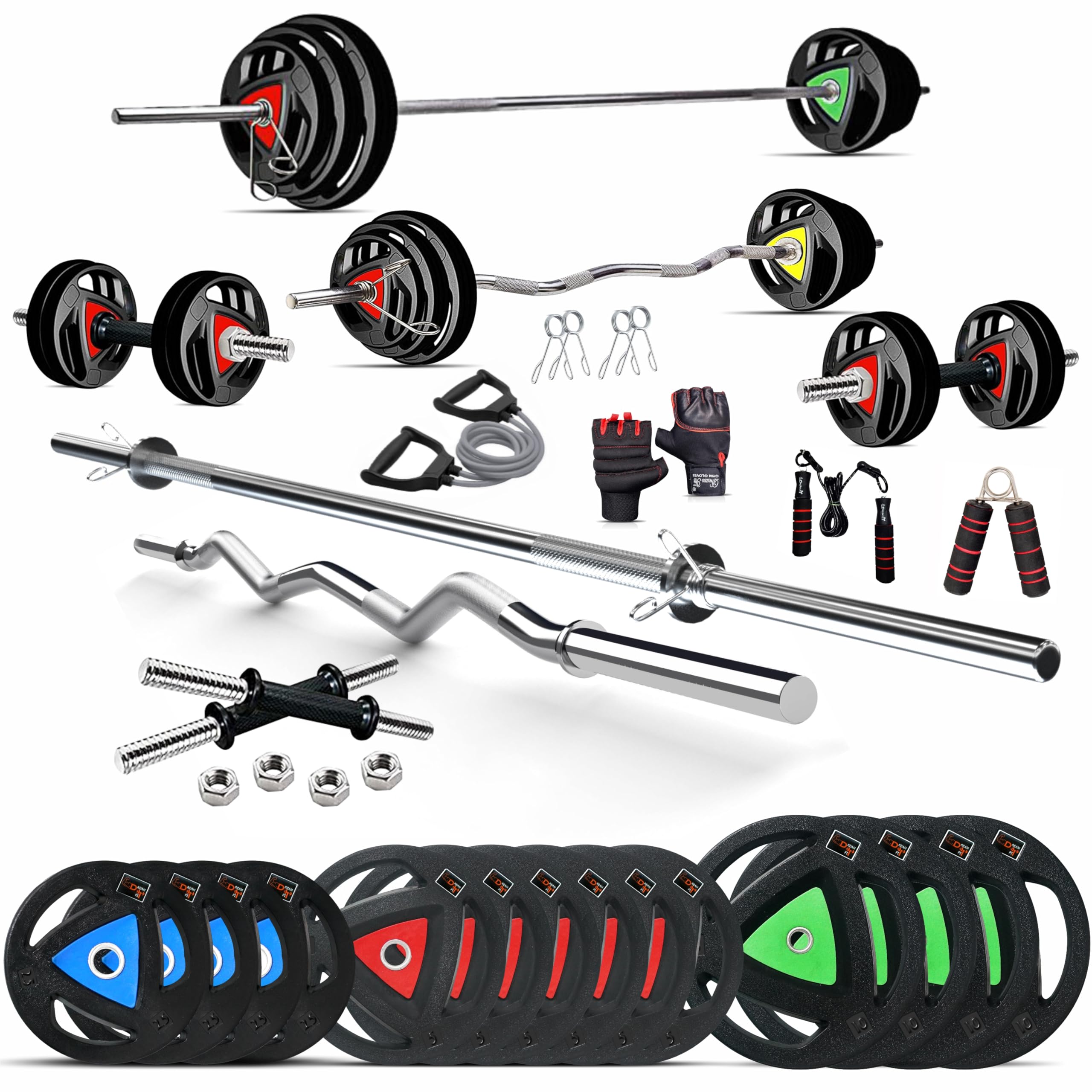 DREAM FIT Rubber Coated Metal Integrated Weight Plates 80Kg Professional Home Gym Combo with 23mm 3ft curl rod, 23mm 5ft straight rod, 1 pair dumbbell rods with steel nuts and gym accessories (80kg set)-image-29