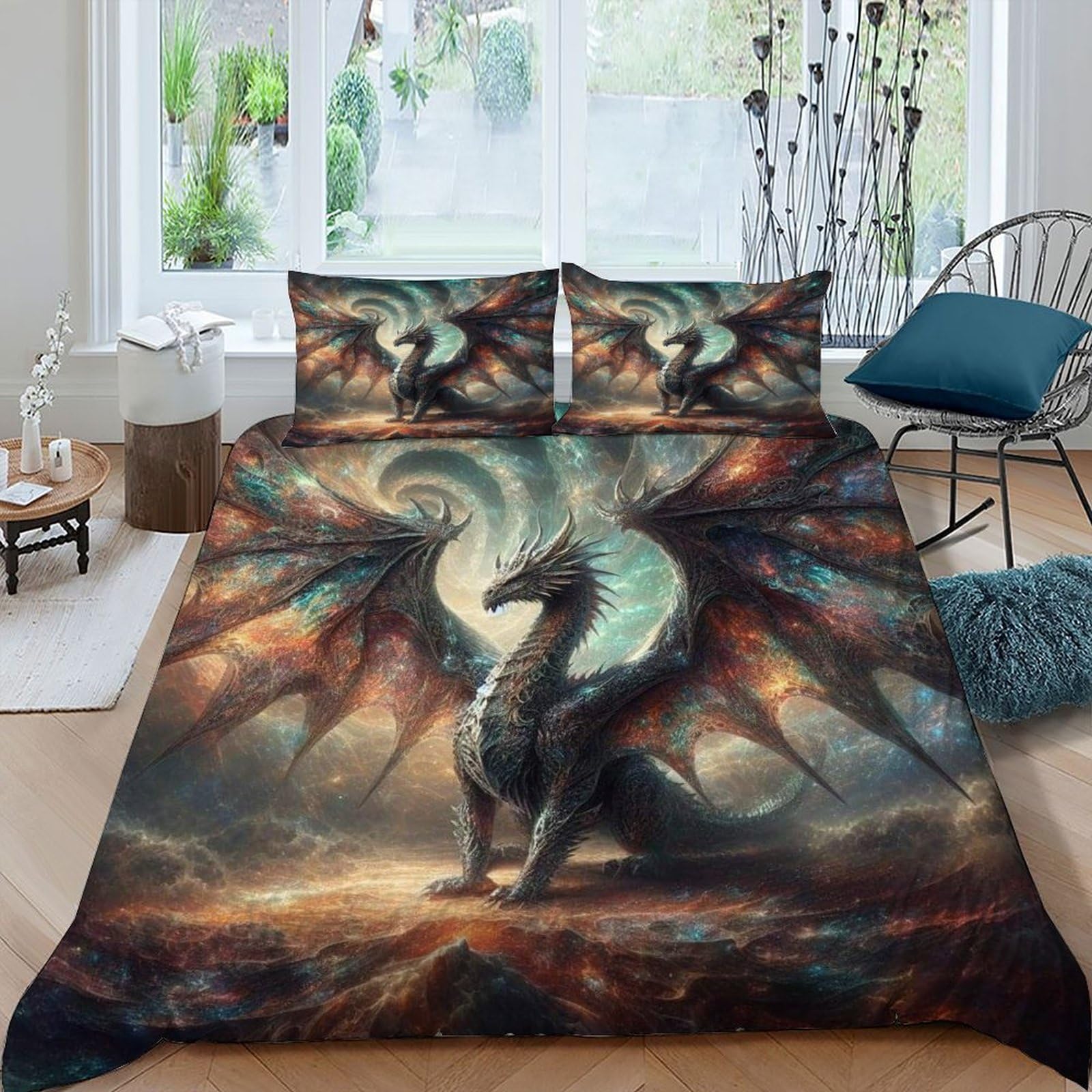 Housse de couette dragon microfibre anti-plis et facile à laver pour grand lit 3 pièces
