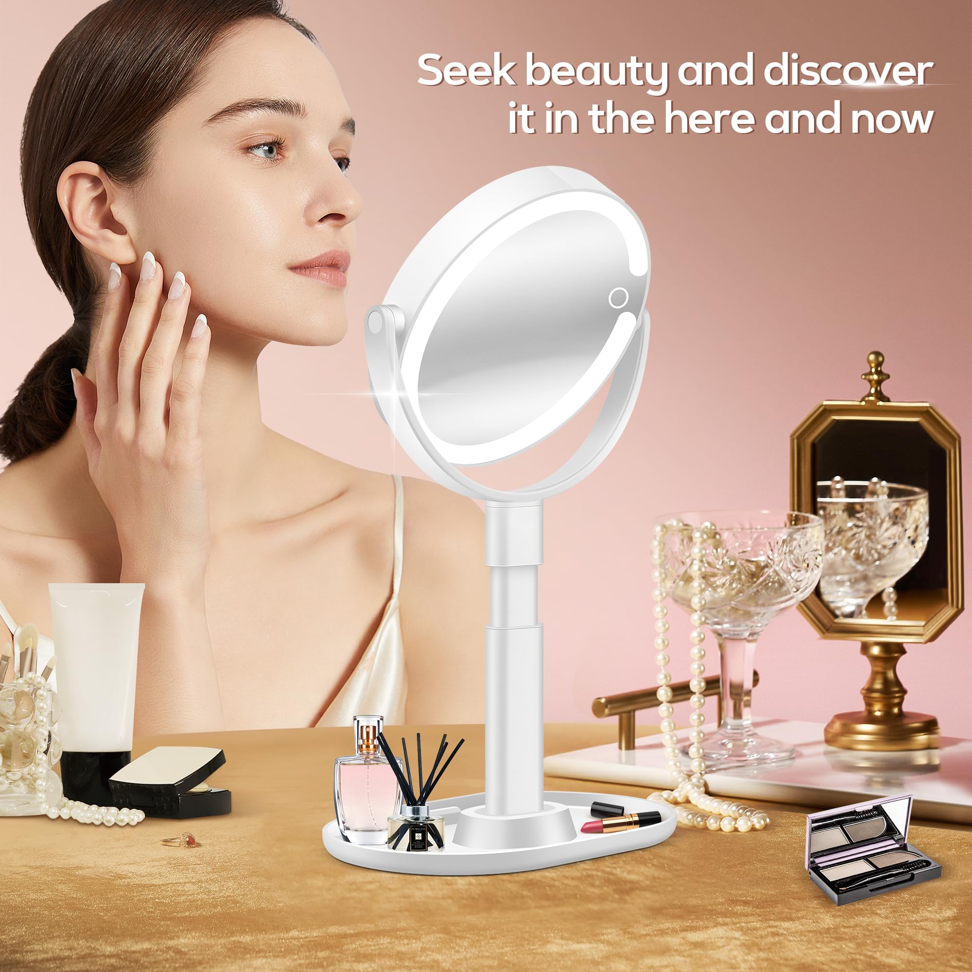 B Beauty Planet Miroir de Maquillage Éclairé 30X LED 3 Couleurs Intensité Variable Réglable en Hauteur Miroir Cosmétique 2 Côtés Blanc