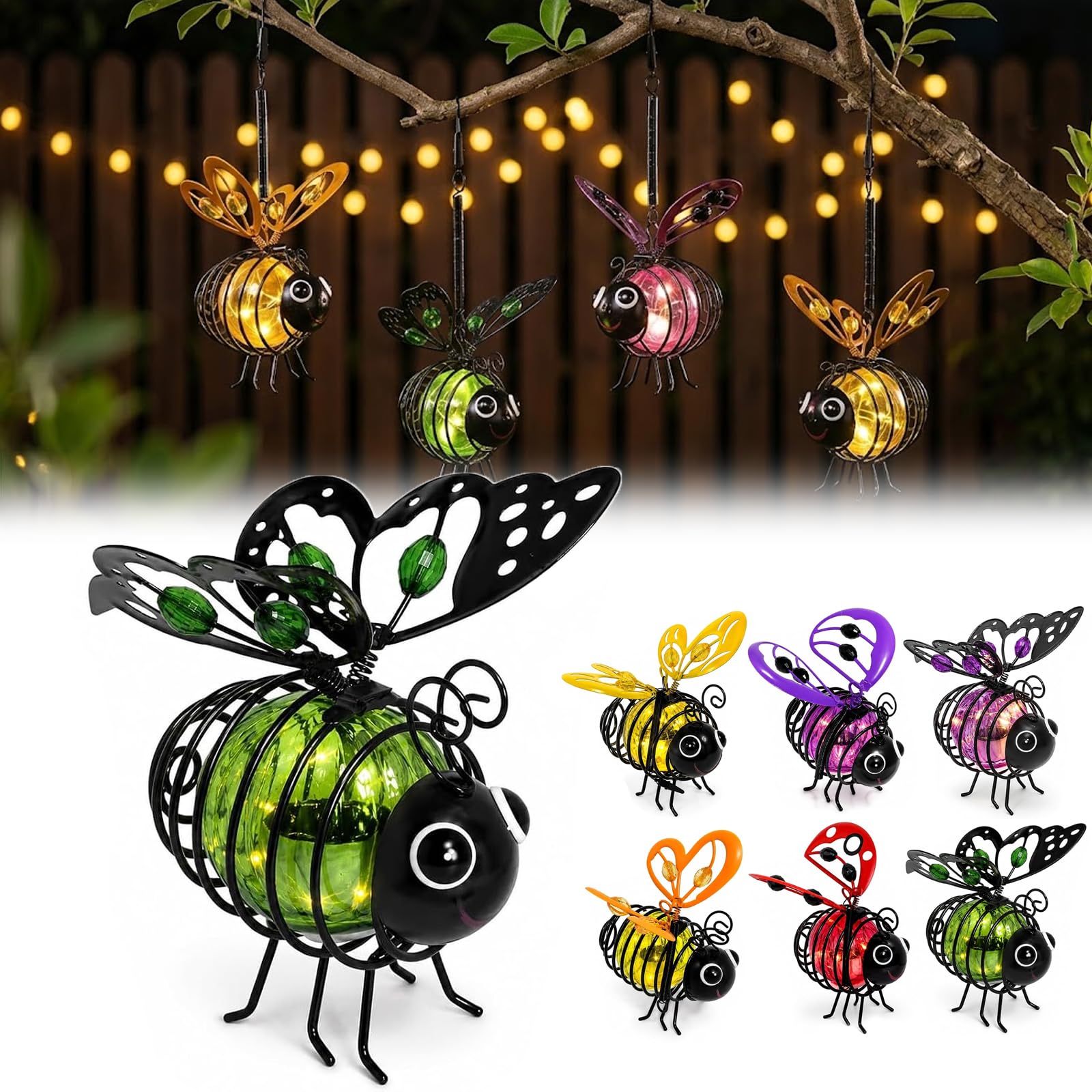 Solar-Powered Hanging Bee Light for Garden, Flicker-Free, Waterproof，Green