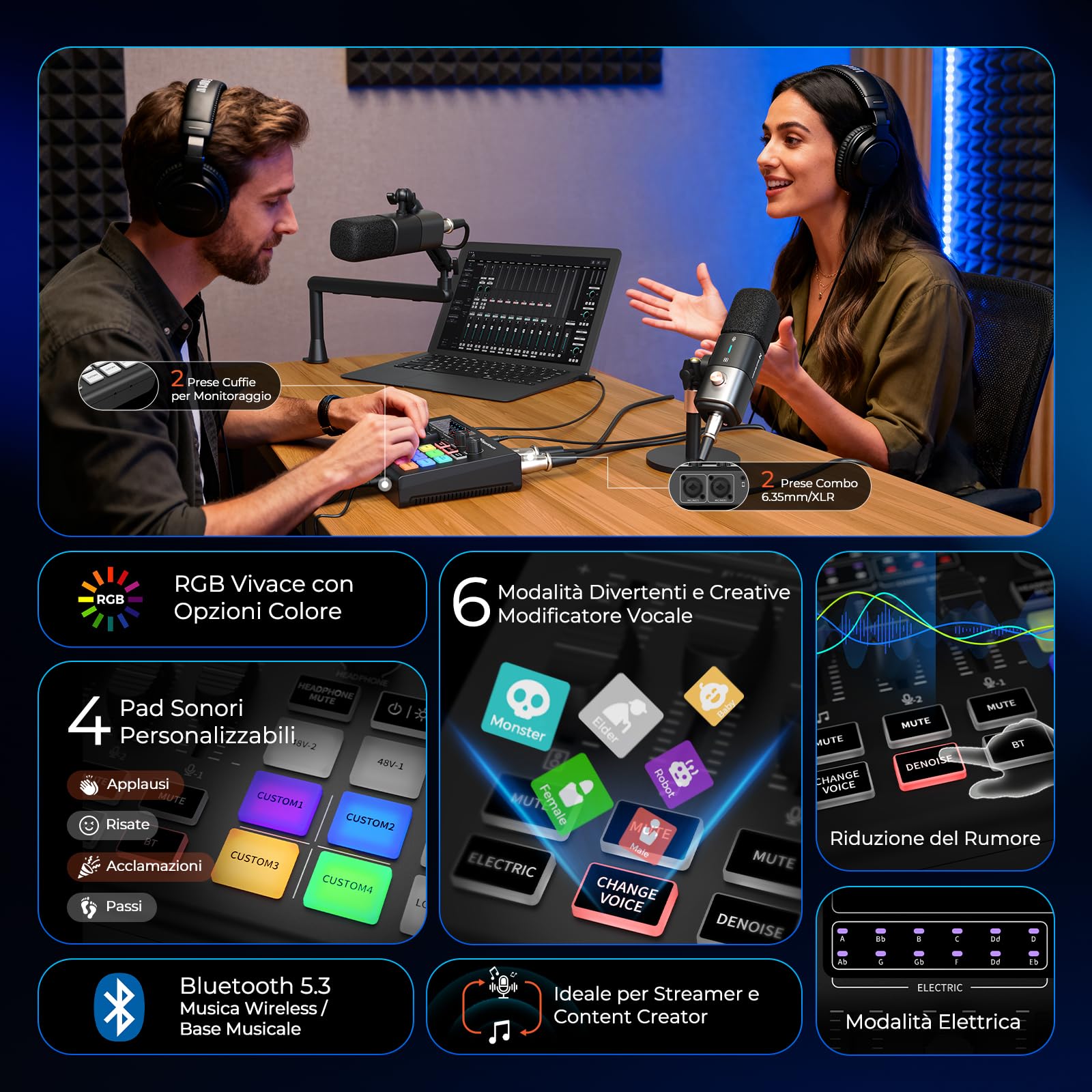NearStream Mixer gaming con preamp mic, doppio ingresso XLR/6.35mm, 48V, RGB, voice changer, sound pads, loopback – Interfaccia audio per streaming, podcast e musica (AMIX20U)