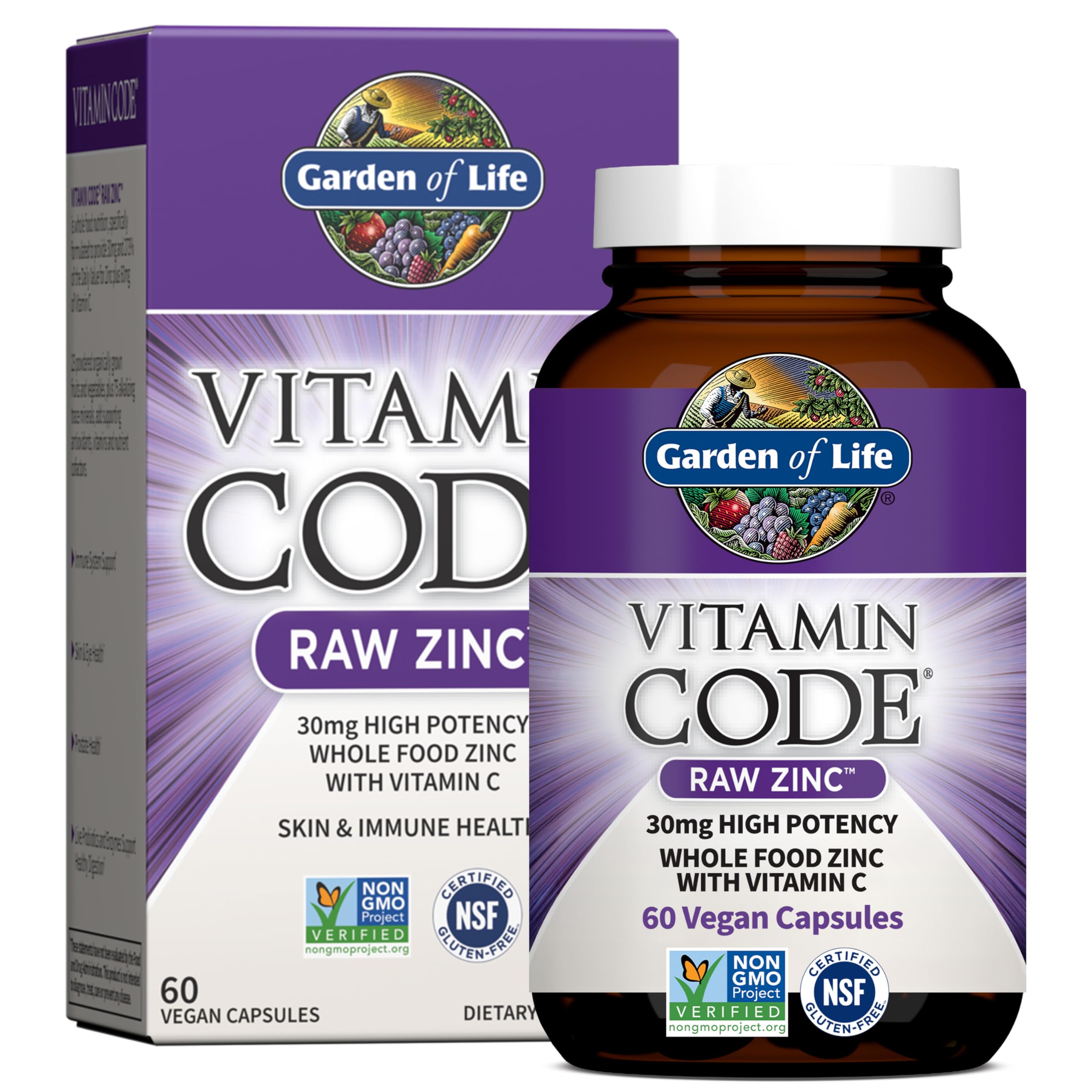 Garden of Life Zinc Supplements 30mg High Potency Raw Zinc and Vitamin C Multimineral Supplement, Vitamin Code Vitamins Trace Minerals & Probiotics for Skin Health & Immune Support, 60 Vegan Capsules