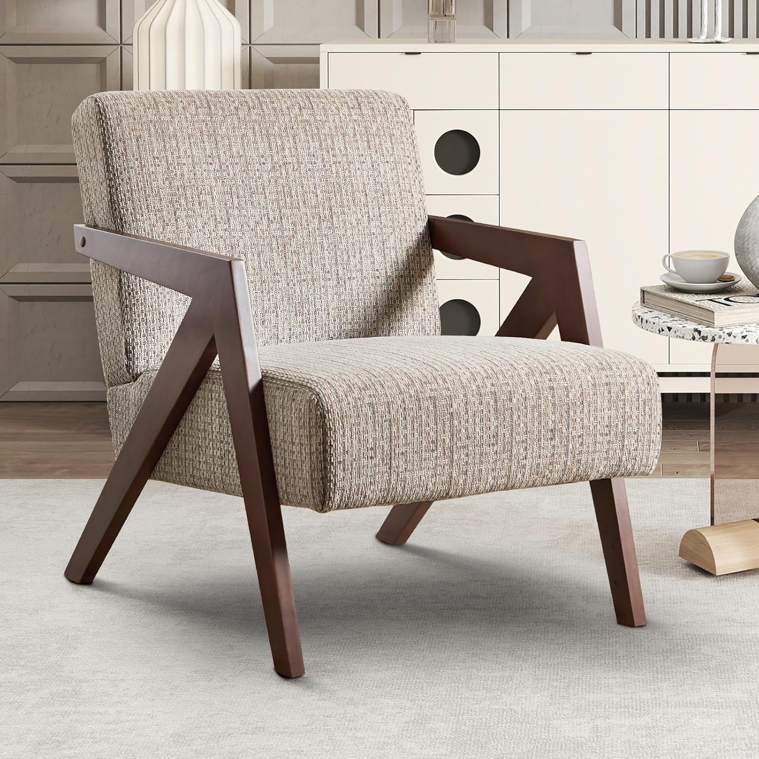 INZOY Mid Century Modern Accent Chair with Wood Frame, Upholstered Reading Armchair with Soft Linen Fabric, Accent Chair for Living Room Bedroom Apartment, Easy Assembly, Brown
