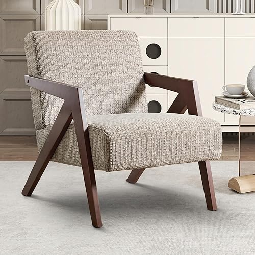 Miniatura 35 de INZOY Silla moderna de mediados de siglo con marco de madera, sillón tapizado con cojín de cintura, silla decorativa para sala de estar, dormitorio,