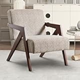 INZOY Mid Century Modern Accent Chair with Wood Frame, Upholstered Reading Armchair with Soft Linen Fabric, Accent Chair for Living Room Bedroom Apartment, Easy Assembly, Brown