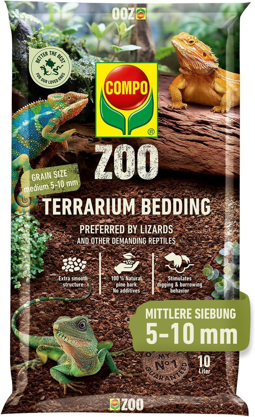Compo Zoo Terrarien-Substrat für Echsen und andere anspruchsvolle Reptilien - natürliche Pinienrinde für mittelgroße bis große Echsen und andere Reptilien - mittlere Körnung 5-10 mm - 10 Liter