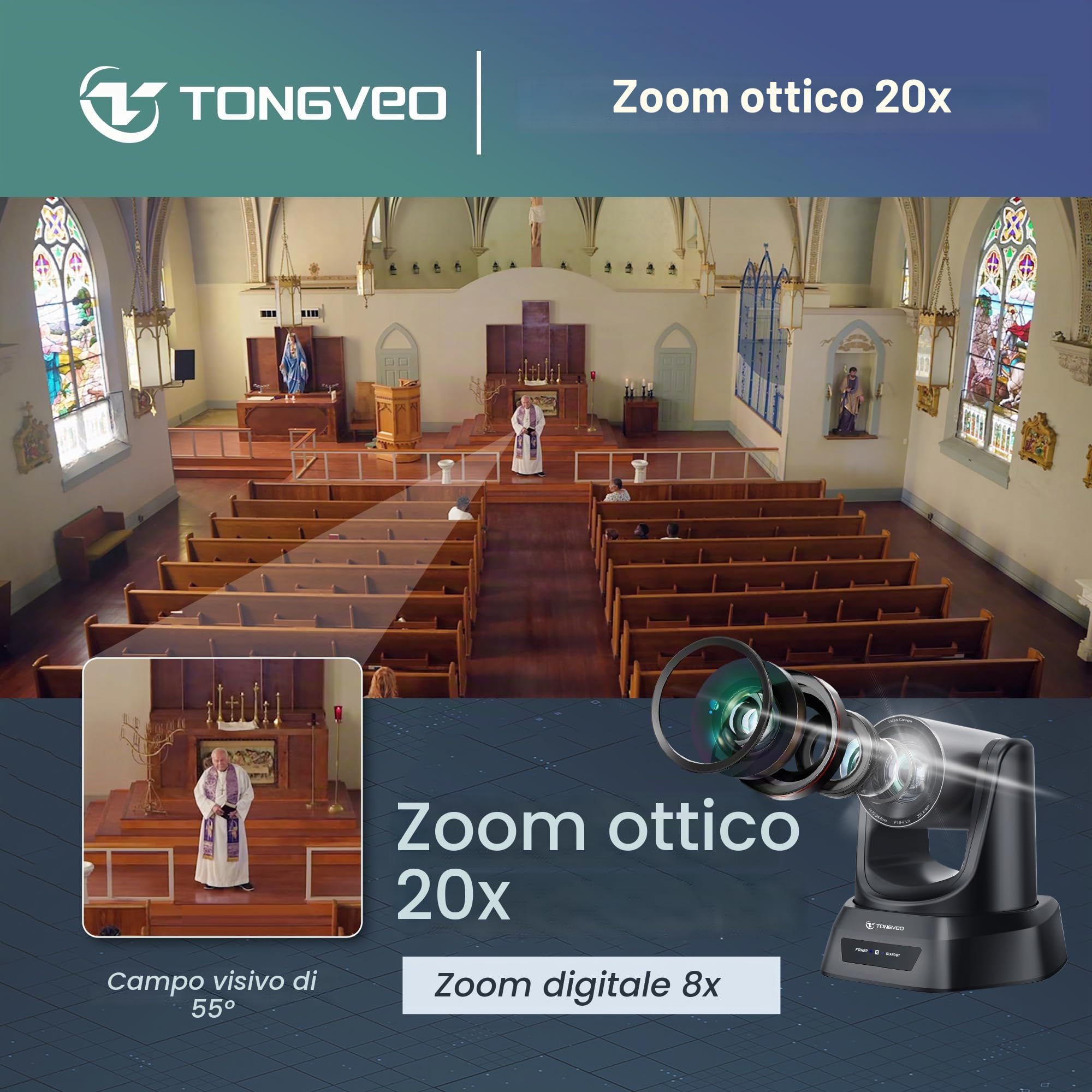 TONGVEO Telecamera PTZ per Sala Conferenze con Zoom Ottico 20X, Webcam 1080P 60fps HDMI USB per Streaming Chiesa e Videoconferenze | Compatibile con Zoom e OBS