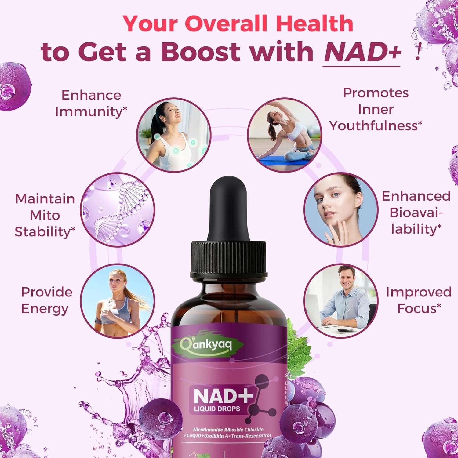 Q'ankyaq NAD Plus Liquid Supplement for Women, NAD 1000mg Drops with NR & Trans-Resveratrol, Aging Support*, Vitality Support & Mitochondrial Health*, Vegan, Sugar Free, 2 Fl Oz - Image 4