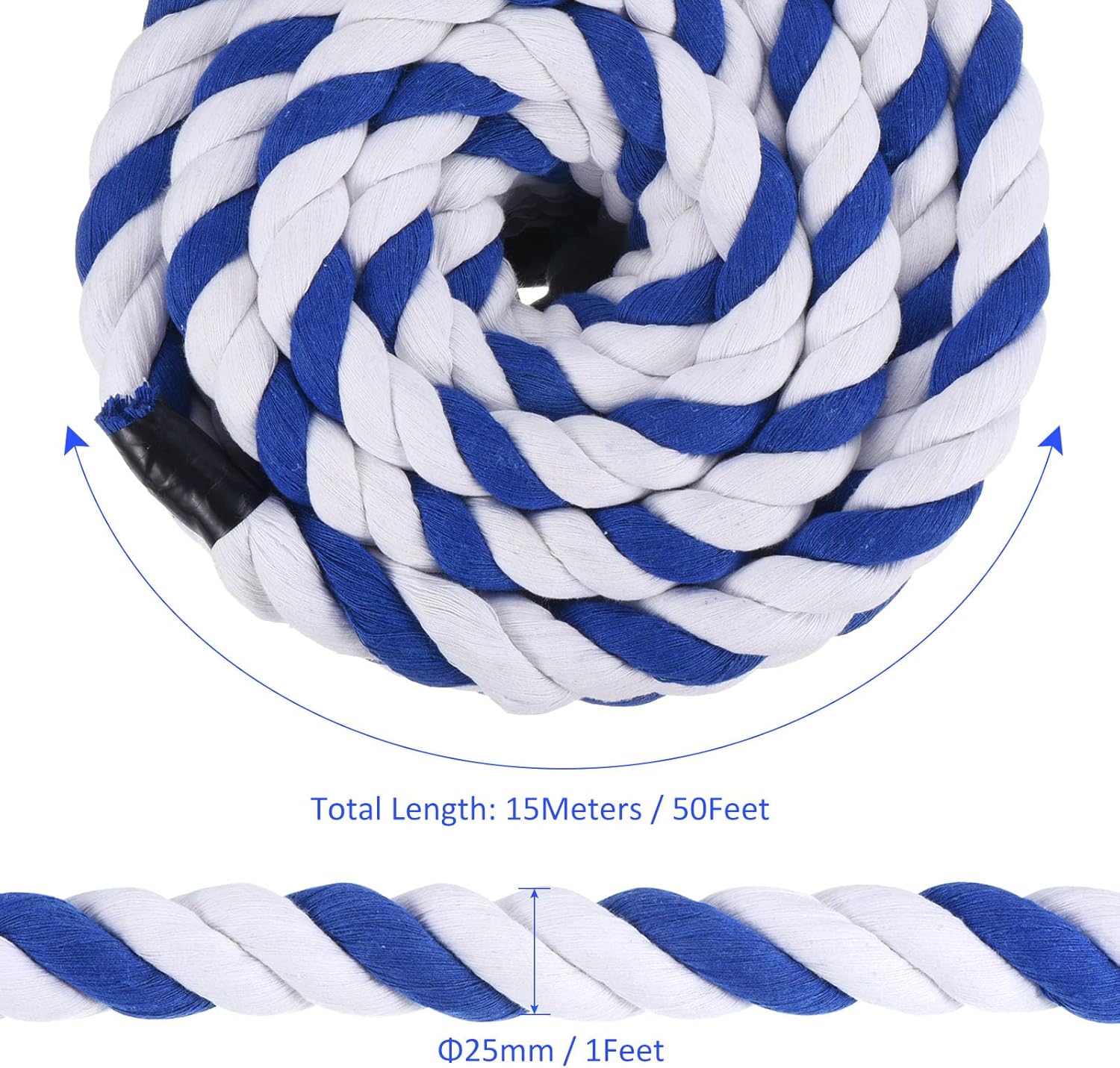 Natural Thick Twisted Cotton Rope - 3-Strands Soft Tug of War Rope Strong Cotton Rope, Apply to Crafts Hanging Swing Railings (50Ft x 1", Blue White)