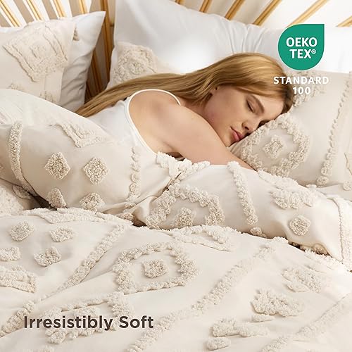 Miniatura 4 de Bedsure Funda de edredón bohemia tamaño Queen Ropa de cama bohemia copetuda beige, ropa de cama bordada estilo rústico chic para todas las