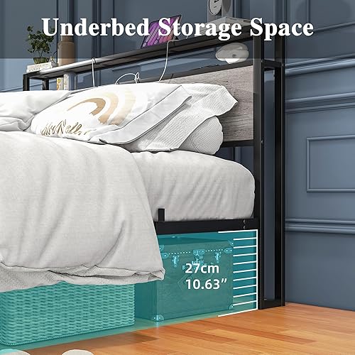 Miniatura 67 de Base de cama de tamaño matrimonial con cabecera de almacenamiento/estación de carga USB, marco de cama de plataforma de metal, tamaño matrimonial,