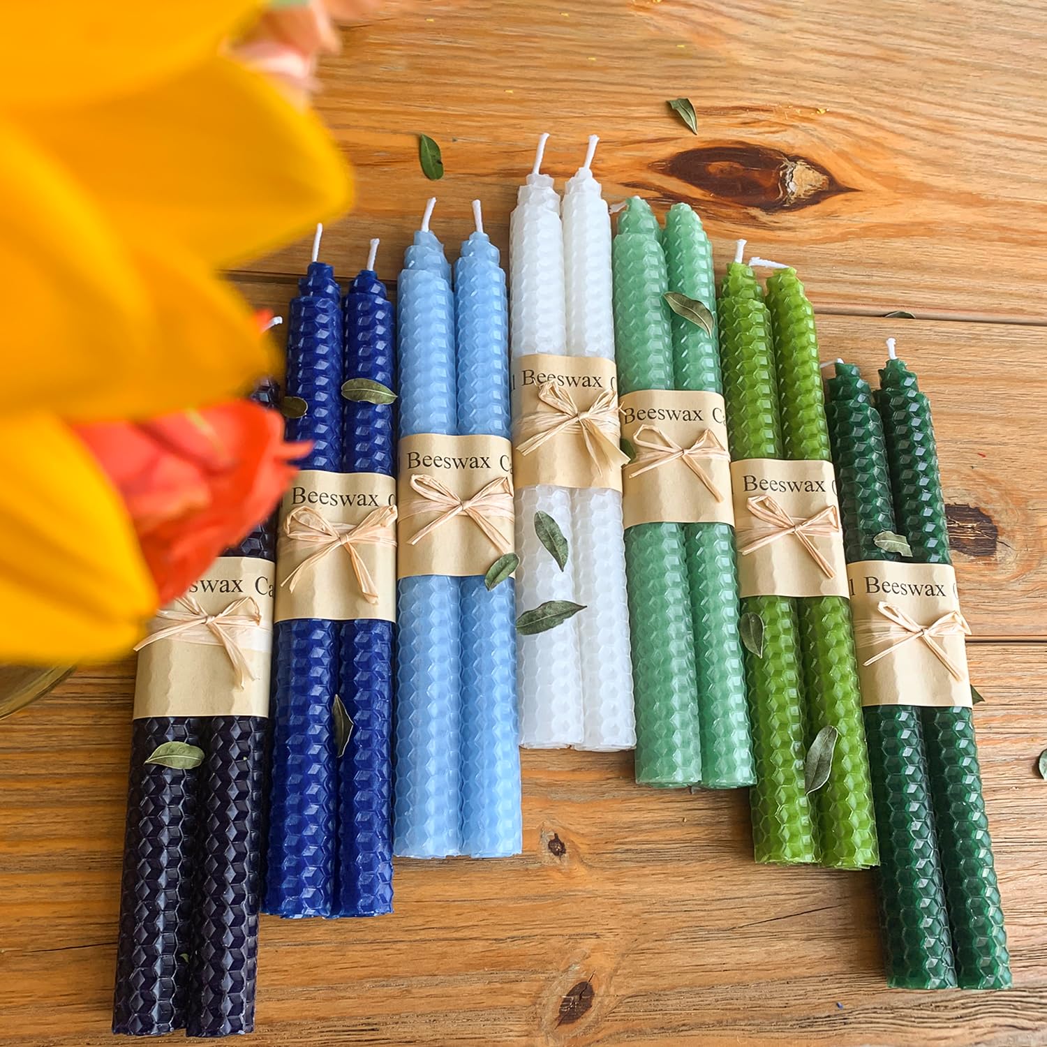 Lacaser Velas cónicas de cera de abeja natural a granel, paquete de 14 unidades, varillas de vela de 9 pulgadas de largo, velas hechas de cera de abeja sin perfume y sin goteo, azul, blanco y verde en