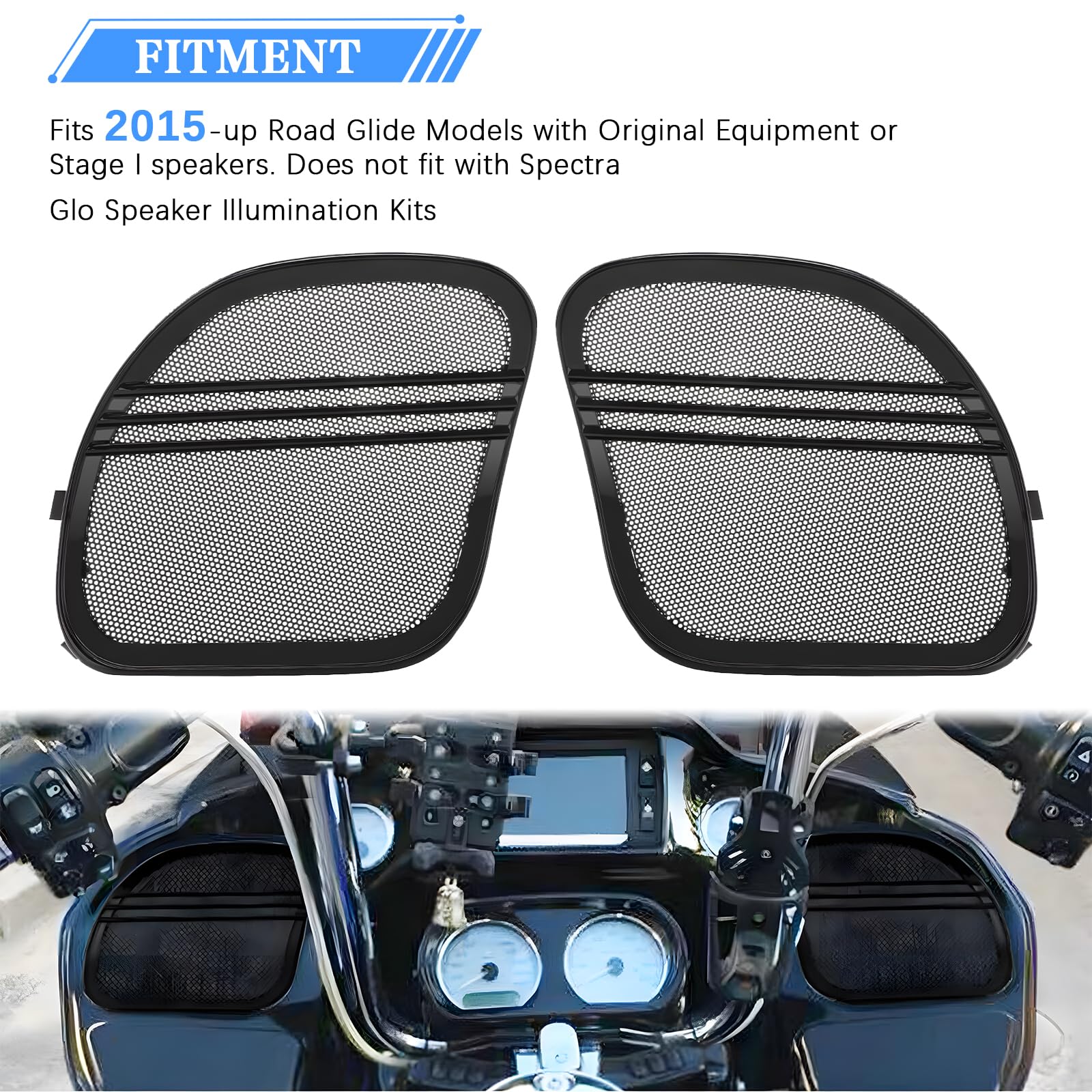Motocyklowe grille głośnikowe Tri-Line przednia owiewka osłona głośnika pasuje do Harley Road Glide FLTRX FLTRK FLTRXS FLTRUSE FLTRXSE 2015-2023 czarna 1 para