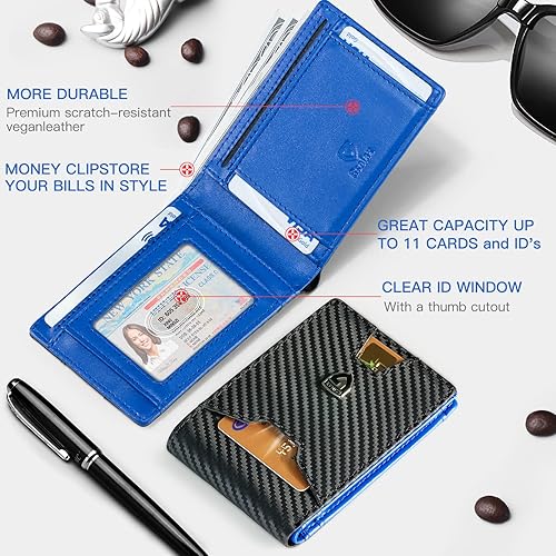Miniatura 4 de GSOIAX Billetera delgada para hombre con bloqueo RFID carteras plegables para hombre minimalista cuero auténtico fibra de carbono clip para dinero