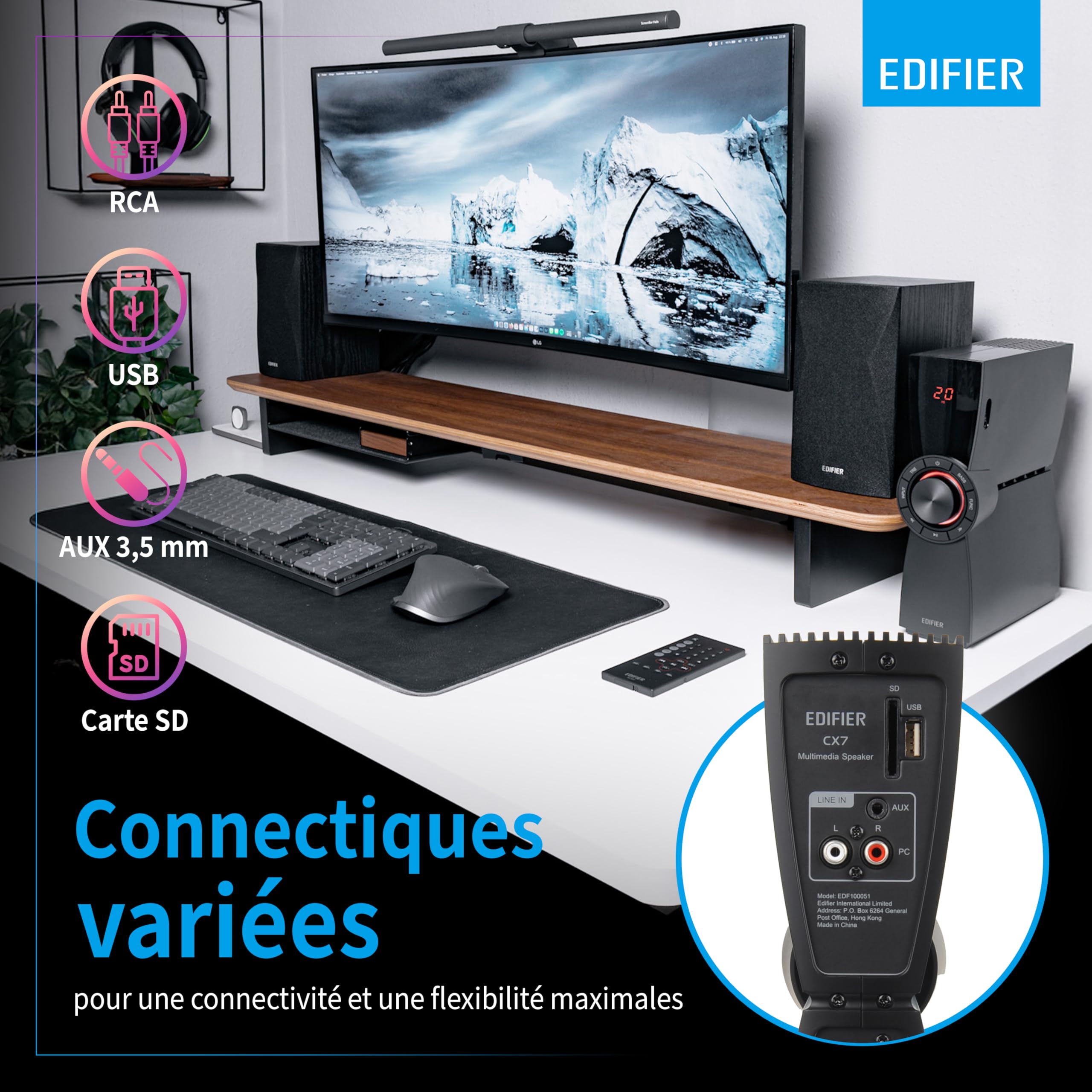 Edifier CX7 - Pack d'enceintes multimédia 2.1, 69W, avec Bluetooth V5.0, subwoofer de 21 cm (8 Pouces) et télécommande Infrarouge : Parfait pour la télévision, Le PC, l'ordinateur Portable, etc.
