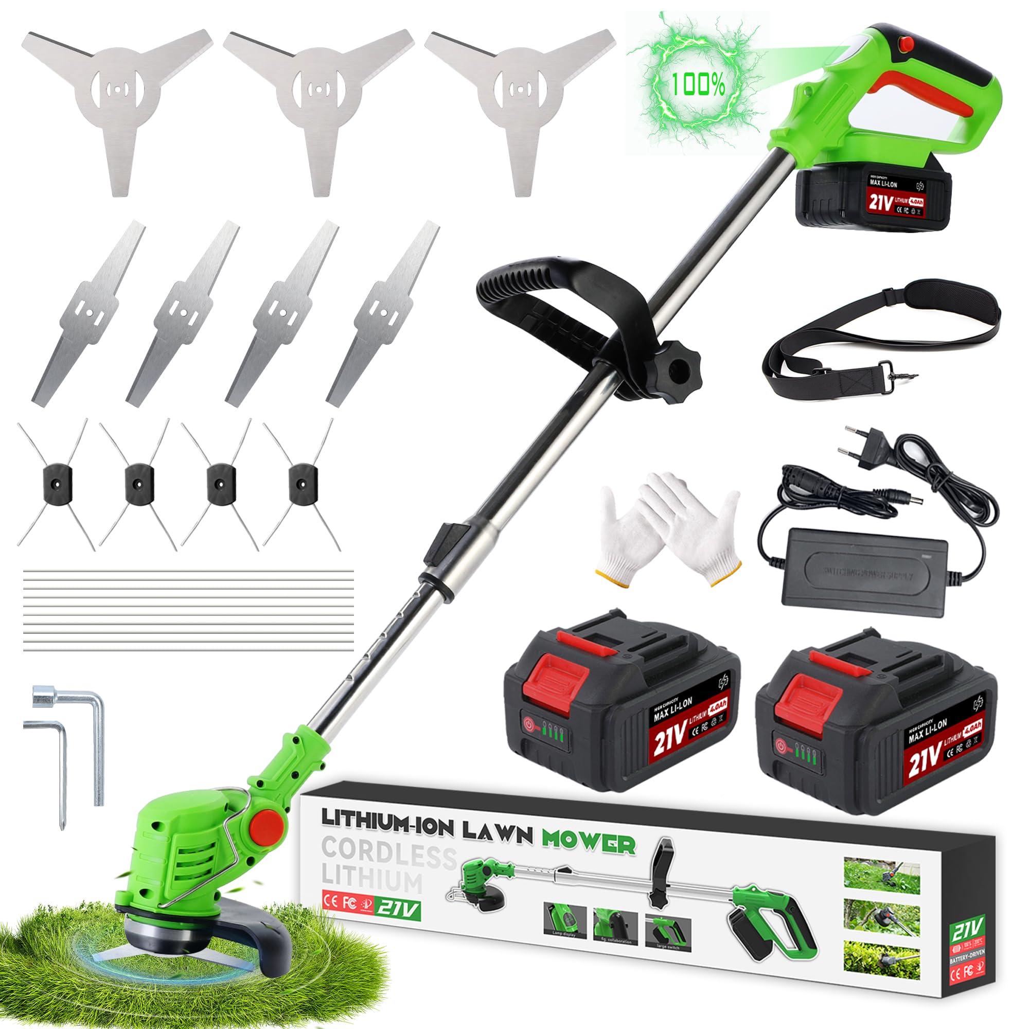 Fiutazge Desbrozadora Bateria con 2 Baterías,1.5 Ah,Cortadora de césped inalámbrica a Batería,Desbrozadora Electrica,Cepillo de Malas Hierbas, Mango Ajustable para Césped Jardín y Arbustos