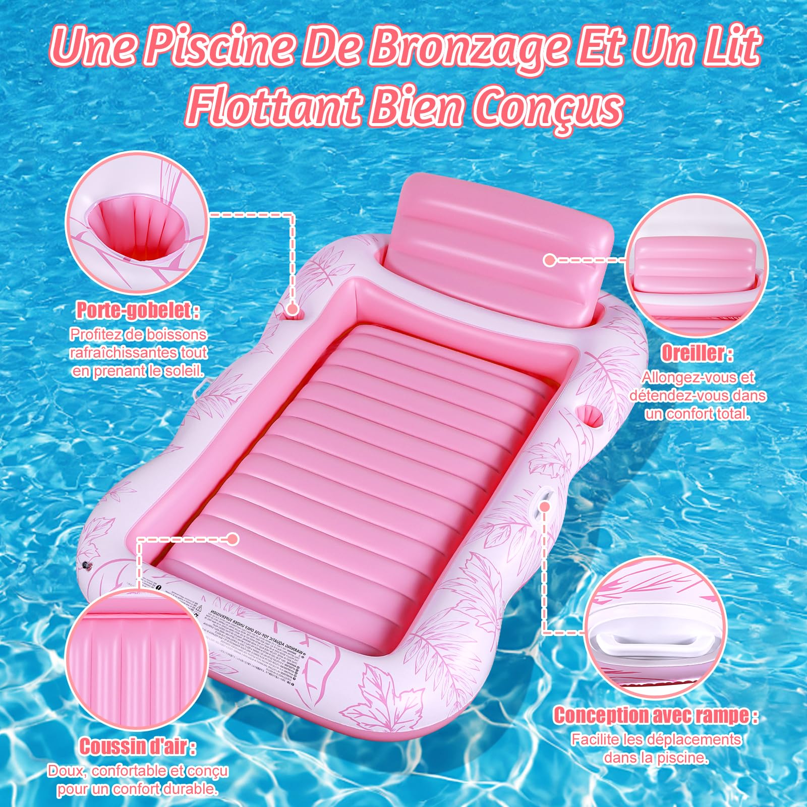 Charmofun Matelas Gonflable Piscine, Gonflable Tanning Pool Flotteur de Piscine pour Adultes pour Bain de Soleil, Piscine Gonflable Hamac avec Porte-gobelet, Piscine Bronzage pour Adultes (Rose)