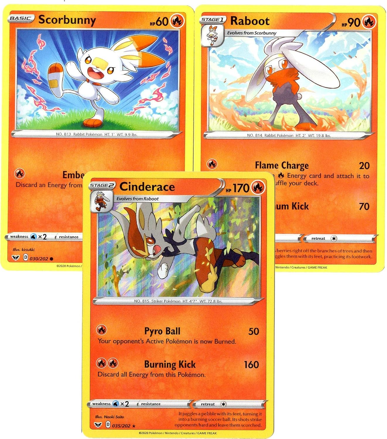 Cinderace 035/202 - Sword & Shield - Foil - Pokemon Evolution Card Set - Raboot & Scorbunny - 3 Card Lot