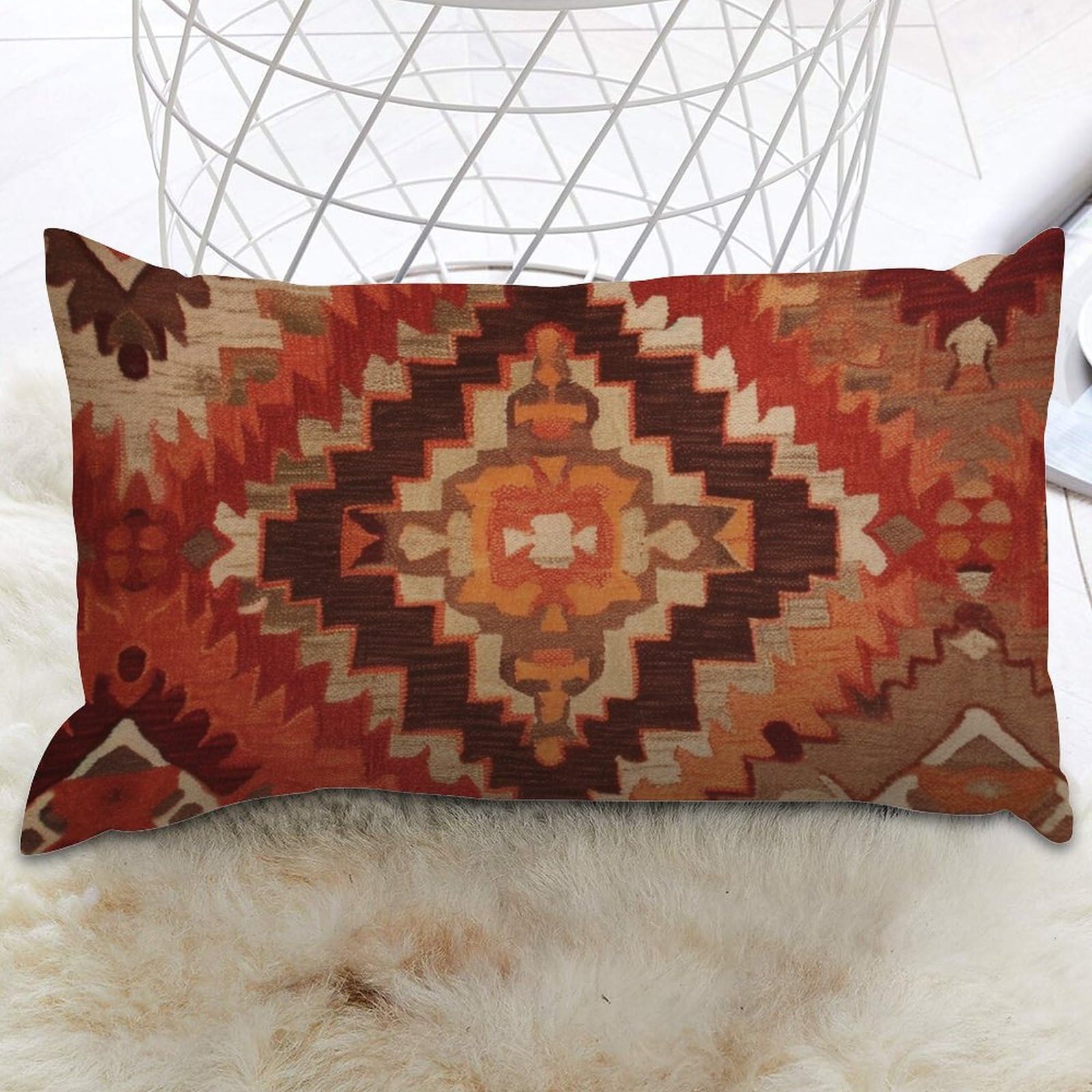 Lumbar Support Pillow Case Terracotta KilimTurkish Style Pillow Covers Burnt Orange Color Ikat Pillow Case Abstract Throw Pillow Covers Farmhouse Decorative For Home Sofa Bed Decorations 12x20 IN