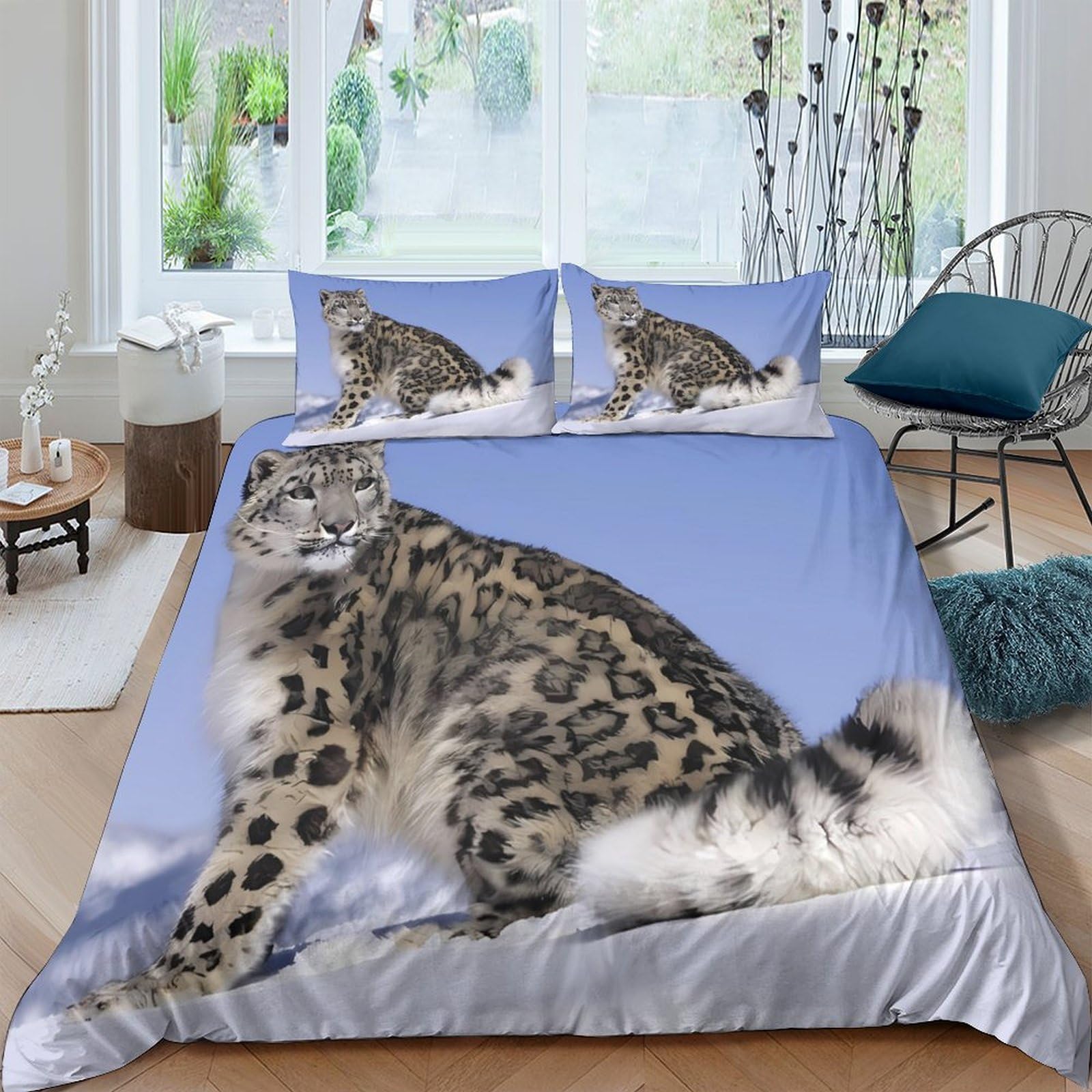 TUFRTGYHN 3D Printed Snow Leopard Duvet Cover Microfiber Soft Breathable Big Cat Bedding Set with 2 Pillowcases for Bedroom Decor Rental Apartment Single（135x200cm）