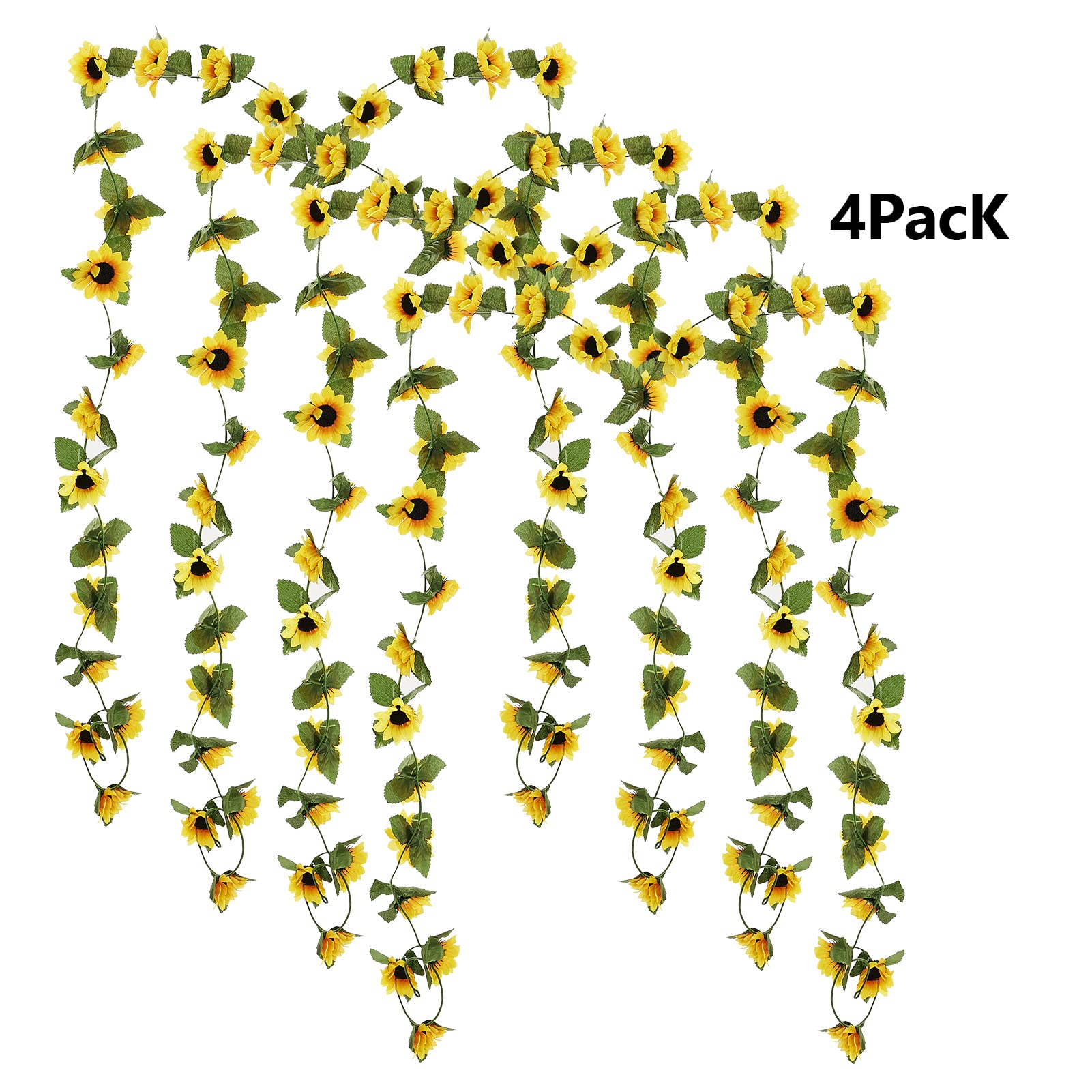 4 Stück künstliche Sonnenblumengirlande, hängende Seide, Sonnenblumen, Ranke mit grünen Blättern, hängende Blumengirlande für Zuhause, Hochzeit, Tischdekoration, Hintergrund