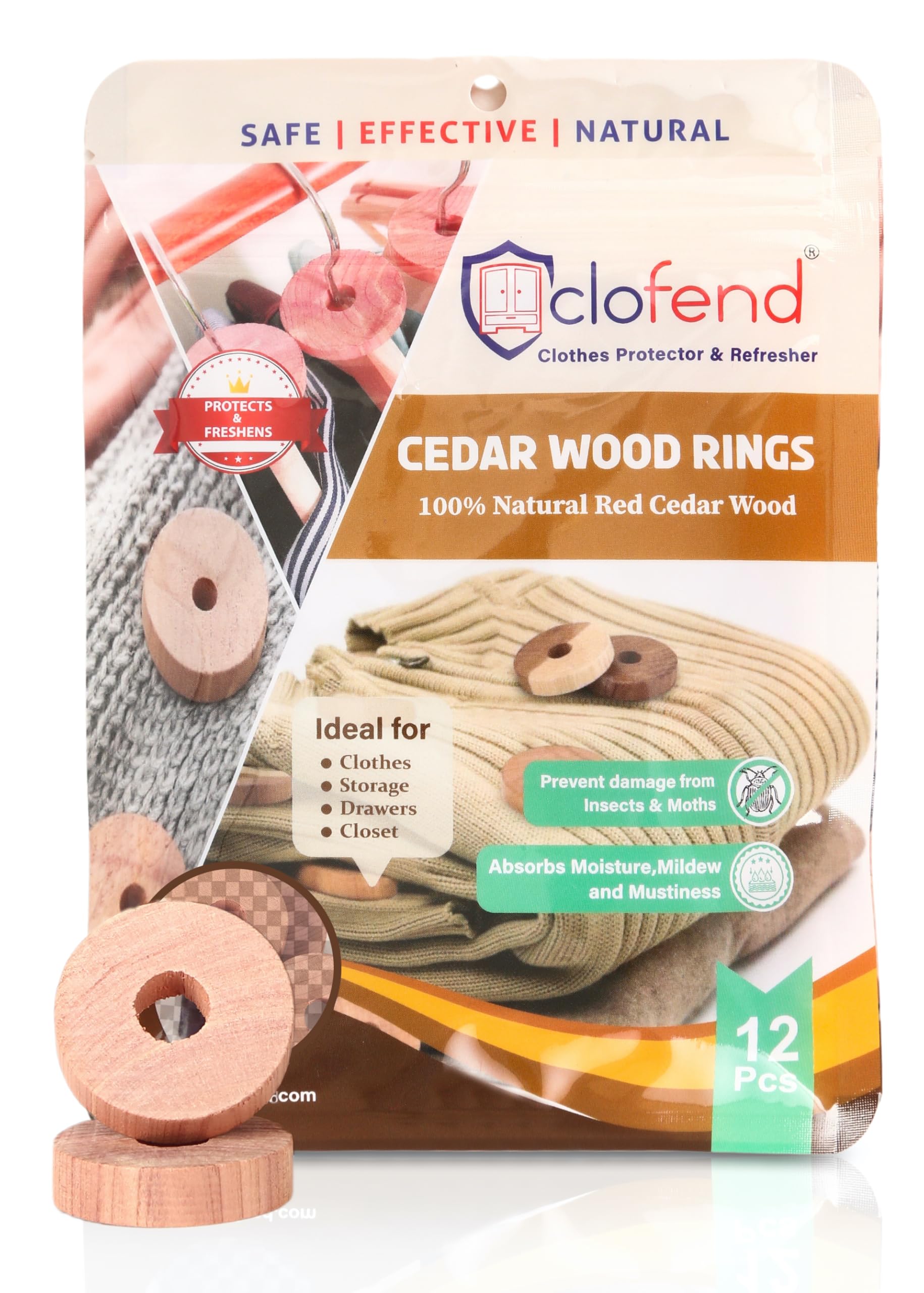 Clofend Natural Cedar Wood Rings Repellent | Aromatic Cedar Blocks Moth Balls Clothes Protection wardrobe Drawers Freshener - Pack of 12