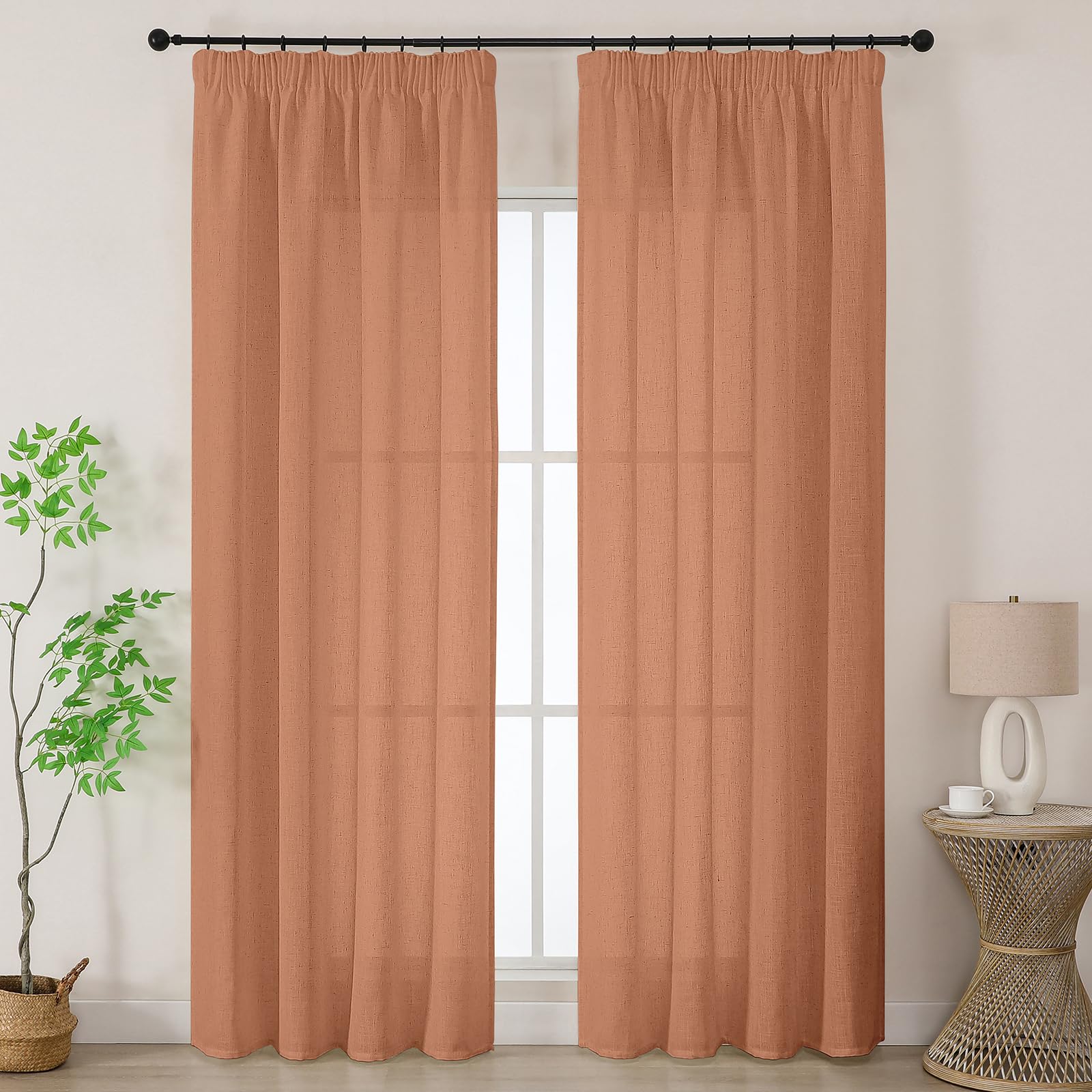 Joydeco Leinen Gardinen mit Kräuselband 2er Set 225x140 HxB Voile Leinenvorhänge für Schienen Halbtransparente Leinenoptik Wohnzimmer Schlafzimmer