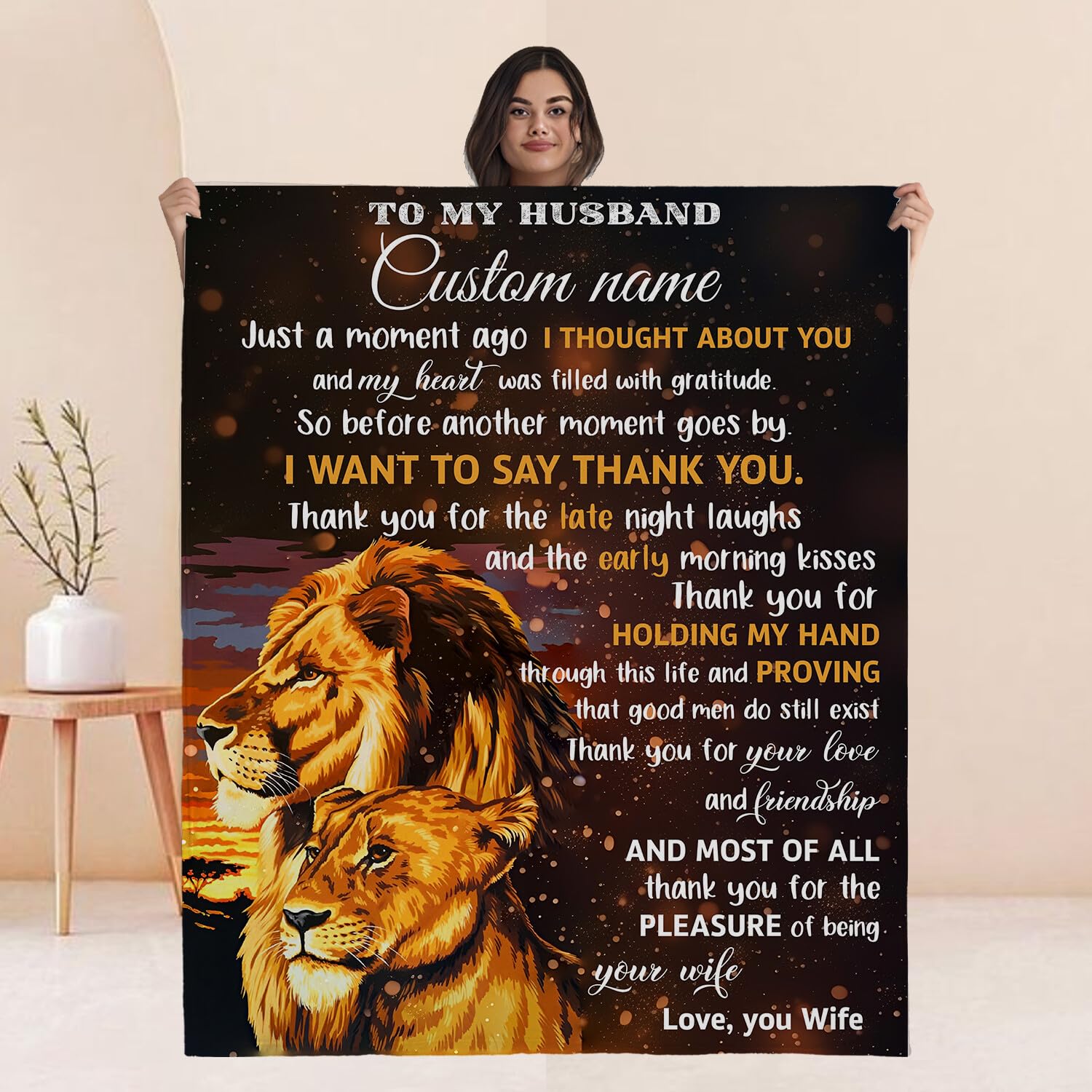 Chiside Personalized to My Husband Blanket from Wife, Valentine Blankets for Husband Gifts, Husband Blanket Lion Theme, Anniversary Fleece Blanket for