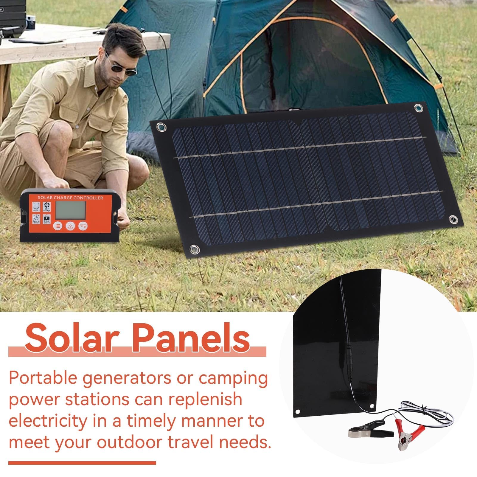 300×145mm Panneau Solaire, 20W 12/24V 100A Kit de Chargeur de Batterie de Panneau Solaire Kit de Panneau Solaire de Contrôleur de Charge avec Clip de Batterie de Câble D'extension