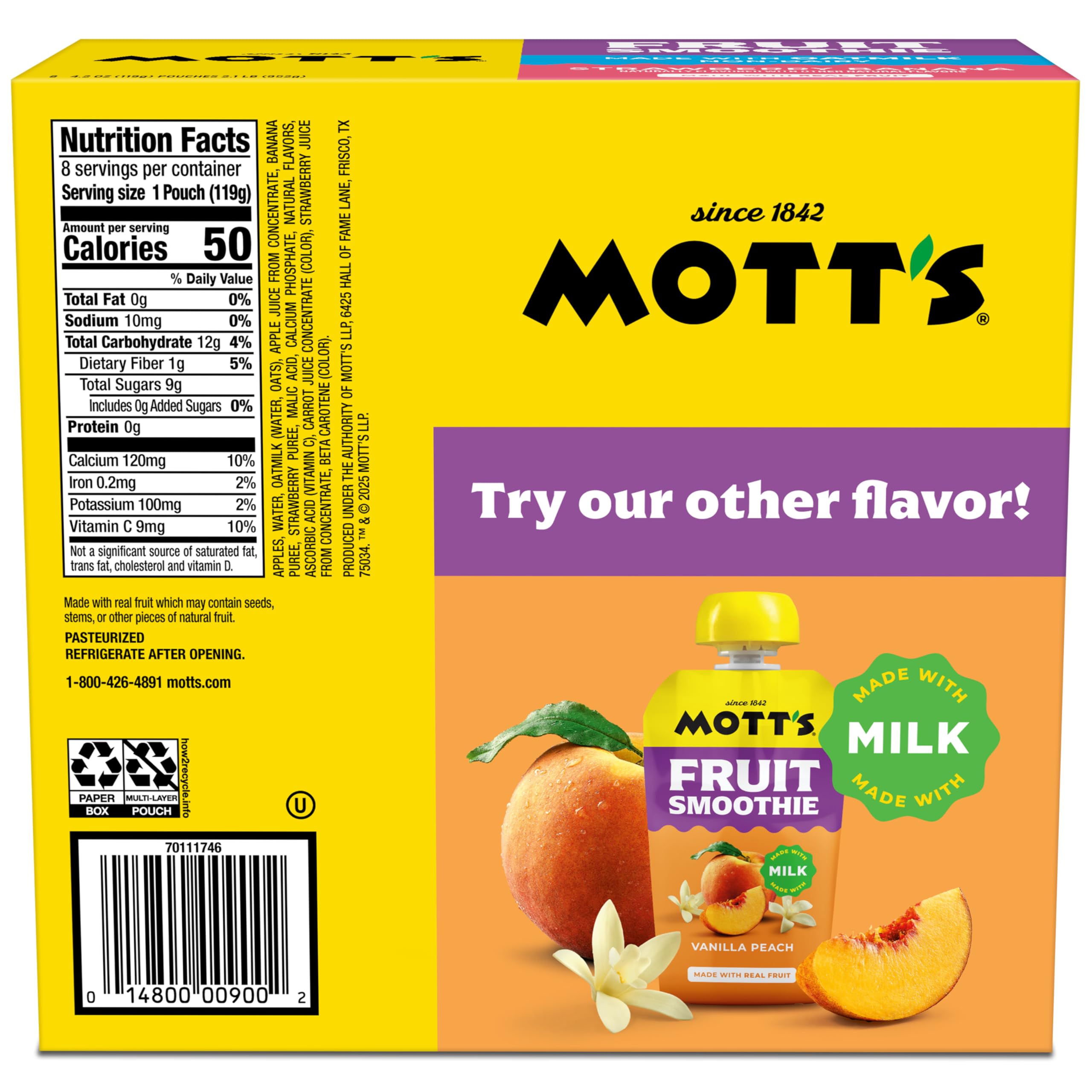 Mott’s Fruit Smoothies Strawberry Banana, 4.2 oz clear pouches, 8 Pack, Non-dairy, Made With Oatmilk, Made With Real Fruit, Good Source of Calcium, On-the-Go
